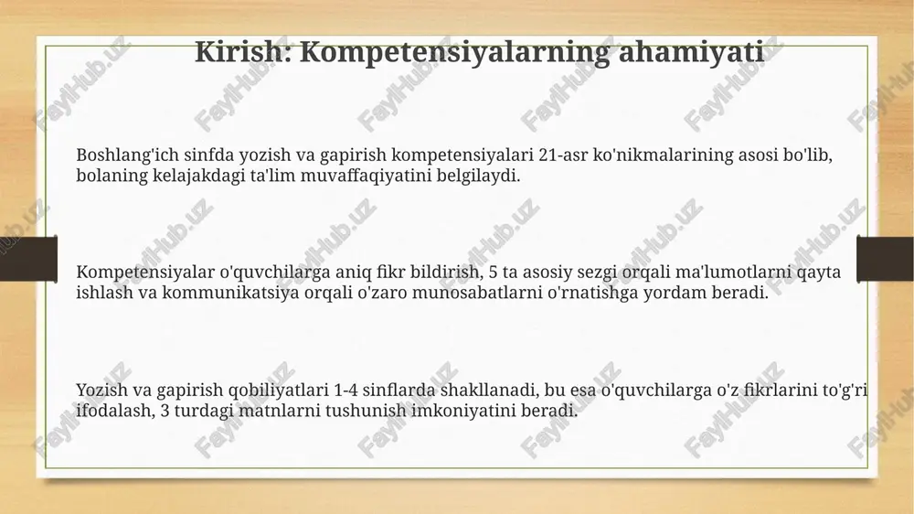 ilar imitatatsiya orqali o'rganadilar. o'qituvchilar qulay muhit yaratish orqali o'quvchilarning yozish va gapirishdan qo'rqishlarini kamaytirishi mumkin, ular xatolarni tuzatishdan ko'ra, 80% e'tiborni rag'batlantirishga qaratishi kerak. o'qituvchilar yozuv va nutqni rivojlantirish uchun differensiallash strategiyalarini qo'llaydilar, har bir o'quvchining 3 ta asosiy o'rganish uslubi (visual, auditory, kinesthetic) asosida individual ehtiyojlarini qondiradilar. ota-onalarning ishtirokini ta'minlash ota-onalarni bolalarning yozish va gapirish qobiliyatlarini rivojlantirish bo'yicha o'qituvchilar bilan kamida chorakda 2 marta uchrashuvlar orqali faol hamkorlikka undash zarur. ota-onalarni "30 daqiqa o'qish" kabi kundalik uy vazifalarini qo'llab-quvvatlashga jalb qilish orqali bolalarning yozish va gapirish ko'nikmalarini mustahkamlashga erishish mumkin. ota-onalarga "hikoyalar va taqdimotlar kechalari" kabi tadbirlarni tashkil etish orqali bolalarining 5 daqiqalik chiqishlari uchun platforma yaratish, ularning ishtirokini oshirish kerak. dasturning integratsiyasi va bog'liqligi dasturning integratsiyasi barcha fanlar (matematika, tabiatshunoslik, san'at) orqali yozish va gapirish ko'nikmalarini rivojlantirishni o'z ichiga oladi, masalan, 1-sinfda hikoyalar yozish. dastur bog'liqligi 2-sinfda o'qilgan matnlarni tahlil qilish va 3-sinfda insho yozish kabi bir …