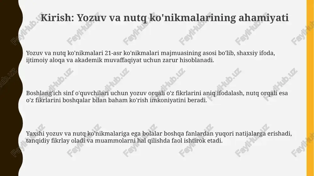 alarini shakllantirishga va motivatsiyasini oshirishga yordam beradi. raqamli yozuv vositalari, masalan, nutqni matnga aylantiruvchi dasturlar, boshlang‘ich sinf o‘quvchilariga yozuv qobiliyatini rivojlantirishda yordam beradi va ularning 60-70% diqqatini jalb qiladi. o‘qituvchilar ta’lim texnologiyalaridan samarali foydalanish uchun 30 soatlik maxsus treninglardan o‘tishi kerak, bu esa o‘quvchilarning o‘zlashtirish darajasini 25% ga oshirishi mumkin. inkyuziv ta'limda yozuv va nutq ko'nikmalarini rivojlantirish nutq ko'nikmalarini rivojlantirish uchun 1:1 qo'llab-quvvatlash, vizual qo'llanmalar va rol o'yinlari orqali, ayniqsa, maxsus ehtiyojli o'quvchilar uchun qulay muhit yaratish, xavfsiz kommunikatsiya joyini ta'minlash zarur. inkyuziv ta'lim o'quvchilari uchun yozuv ko'nikmalarini rivojlantirishda 1-variant - moslashtirilgan vazifalar, 2-variant - qo'shimcha vaqt ajratish, 3-variant - yozishda texnologik vositalardan (masalan, nutqni matnga aylantirish) foydalanish muhim. baholashda 1-chi: portfolio baholash, 2-chi: kuzatuvlar va 3-chi: o'z-o'zini baholash usullari, inklyuziv o'quvchilarning yozuv va nutq qobiliyatlarini aniqroq baholash imkonini beradi, shaxsiy taraqqiyotni o'lchash imkonini beradi. muammolar va yechimlar o'quvchilarning yozuv qobiliyatlarida xatolarni tuzatishda 20% gacha qiyinchiliklar mavjud; bunda, differensial yondashuv …