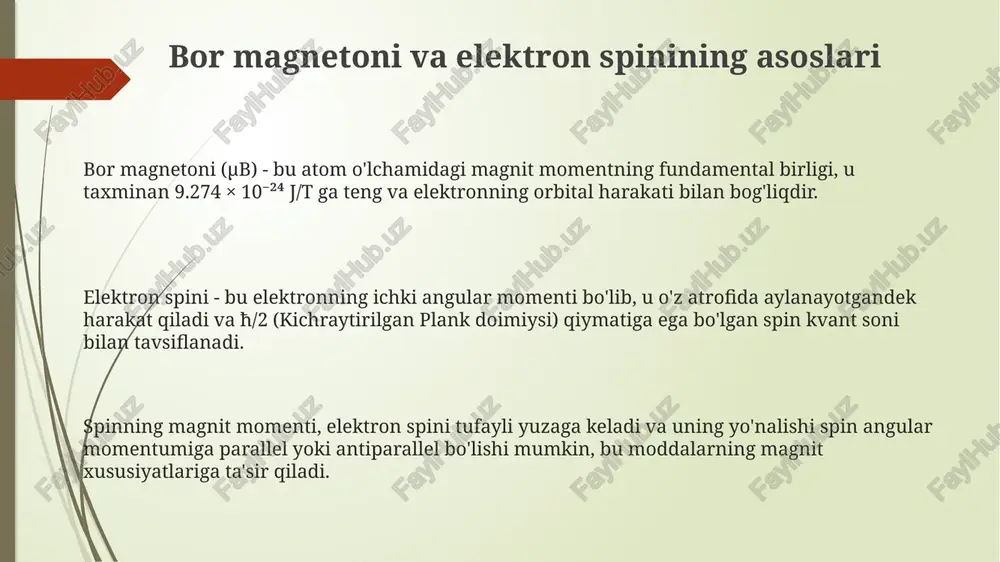 ratlar issiqlik qo'zg'alishi tufayli magnit momentlarning tartibini buzadi, natijada pastroq magnitlanish kuzatiladi. bu küri qonunida aks etadi. ferromagnetik materiallar yuqori magnitlanishga ega, chunki atom magnit momentlari domenlarda spontan ravishda bir xil yo'nalishda joylashadi. ushbu domenlar tashqi maydon bo'lmaganda ham mavjud bo'ladi. paramagnetik moddalar tashqi magnit maydon bo'lganda zaif, ijobiy magnitlanishni namoyon qiladi. atom magnit momentlari maydon yo'nalishi bo'yicha qisman tekislanadi, bu esa kichik magnitlanishga olib keladi. e'tiboringiz uchun rahmat image1.png