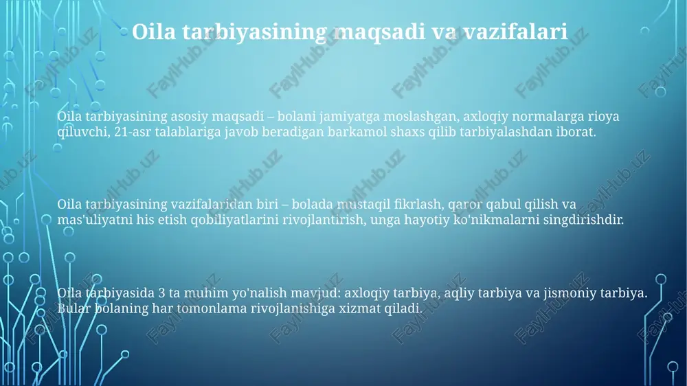 i yaxshilaydi. ikkala tomonning faol ishtiroki erta bolalik ta'limidan boshlab, 12 yillik majburiy ta'lim davomida bolaning muvaffaqiyatini oshiradi. ota-onalar yig'ilishlari, loyihalar va erta maslahatlar kabi hamkorlik shakllari bolaning ta'lim olishida 20% dan ko'proq ijobiy o'zgarishlarga olib kelishi mumkin. e'tiboringiz uchun rahmat image1.png image2.png
