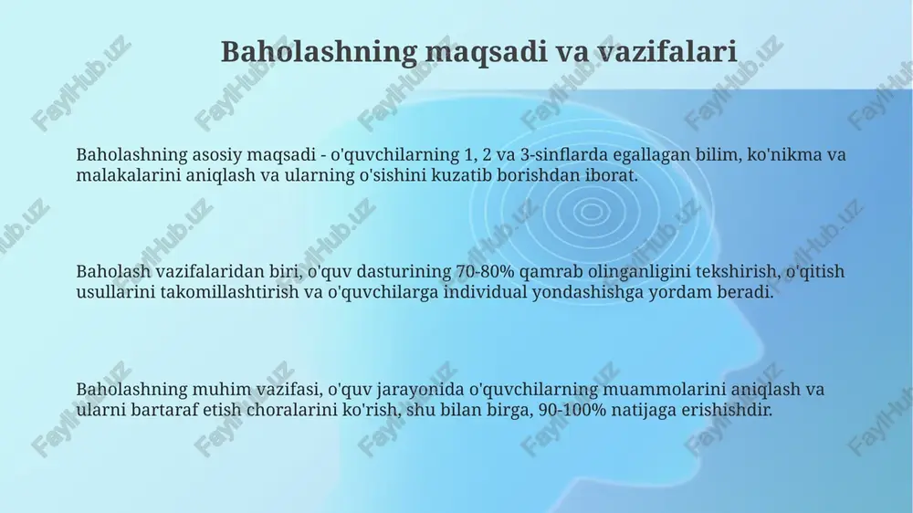ning muvaffaqiyatlari va qiyinchiliklarini aniqlash, moslashuvchan ta'lim strategiyalarini ishlab chiqishga imkon beradi. baholashda adolat va xolislik baholashda adolat va xolislik 1-bosqichi - baholash mezonlarining aniqligi, ya'ni har bir topshiriq uchun maksimal ball va baholash ko'rsatkichlari aniq belgilanishi shart. o'qituvchilarning baholash xolisligini ta'minlash uchun 2 ta usul: anonim tekshirish (o'quvchining ismini bilmasdan) va ikki o'qituvchi tomonidan bir xil ishlarni baholash. baholashda xolislikni kafolatlashning 3-qadami - baholash natijalari bo'yicha shikoyat qilish imkoniyati yaratilishi va bu jarayon o'quvchilar uchun ochiq va shaffof bo'lishi kerak. maxsus ehtiyojli bolalarni baholash baholash jarayonida inklyuzivlik printsipi qo'llaniladi, bu bolalarning 360 graduslik rivojlanishini kuzatish orqali to'liq baholashni ta'minlaydi. maxsus ehtiyojli bolalarni baholashda ularning individual o'quv rejalari (ior) asosiy ahamiyatga ega, bu rejalarda ularning qobiliyatlari va ehtiyojlari hisobga olinadi. adaptive baholash usullari, jumladan 1-1 formatdagi kuzatuvlar va moslashuvchan topshiriqlar, maxsus ehtiyojli bolalar uchun baholashni moslashtirishga yordam beradi. baholash tizimini takomillashtirish istiqbollari baholash tizimini takomillashtirishda 21-asr ko'nikmalariga (tanqidiy fikrlash, ijodkorlik) …