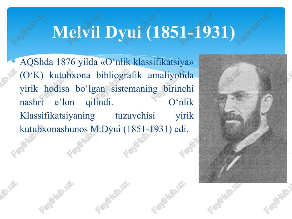 taktibini hisobga olgan holda universal o‘nlik klassifikatsiyaga o‘zgartirishlar kiritib boradi. universal o‘nlik klassifikatsiyaning rivojlantirish bilan xhf (xalqaro hujjatlar federatsiyasi) shug‘ullangan «dp-notes» «p-notes» (proekti predlojeniy) «takliflar loyihasi» va «takliflar». bu nashlarda turli mamlakatlardan uo‘k jadvaliga tashkilotlar tomonidan, olim va mutaxasssislar tomonidan indekslarga kiritilishi mumkin bo‘lgan o‘zgartirishlar, to‘ldirishlar haqidagi taklif mulohazalar chop etiladi. xhf tomonidan maxsus nashrlar chiqariladi. bu takliflar 6 oy ichida boshqa mutaxassislar, tashkilotlar tomonidan rad etilmasa, kuchga kiradi va xhfning maxsus «extensions and corrections to the udc» (uo‘k ga o‘zgartirishlar va qo‘shimchalar) nashrida chop etiladi. yiliga ikkita soni chiqadi. 3 yillik seriya hisoblanadi. 6ta son. «extensions and corrections to the udc» pol otle (paul otlet) (1868-1944) uo‘k ni faqat yevropa emas, lotin amerika mamalakati, afrika, osiyo, avstraliya ham qo‘llagan. uning targ‘ibotida xalqaro bibliografik institutining (xbi) ilmiy kotibi pol otle hissa qo‘shgan. hujjatni mazmunini bitta indeks ochib berilmasa, hujjatda ikki yoki undan ortiq masala yoritilgan bo‘lsa, talaffuzda «va» belgi « …