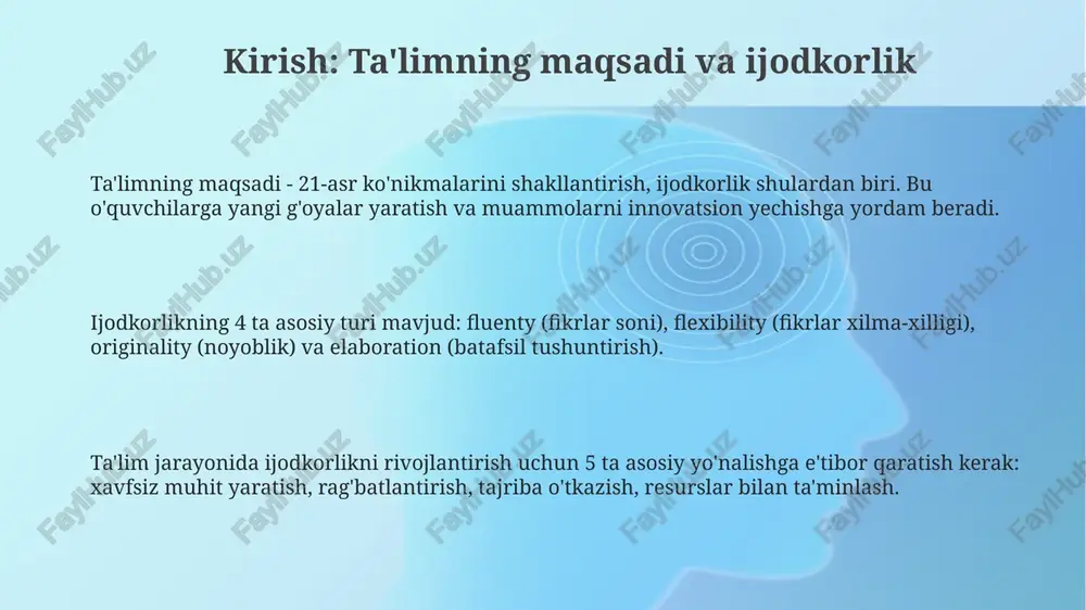 ashqlari o'quvchilarga 2 xil matnni (masalan, hikoya va she'r) taqqoslash orqali farqni topish va yangi hikoya tuzishni taklif qiladi. audio hikoyaning yakunini o'zgartirish, masalan, 3 ta turli xil yakuniy stsenariylar yaratish, tinglash orqali ijodkorlikni rivojlantiradi va notanish vaziyatlarga moslashuvchanlikni oshiradi. o'quvchilar turli xil 5 ta tovush effektlarini tinglash orqali sahna yaratishadi. keyin esa ulardan ijodiy yondashuv bilan shu tovushlar orqali o'z hikoyalarini tuzish so'raladi. mashq turlari: o'qish orqali ijodkorlik o'quvchilarga o'qigan matnlaridagi 2-3 ta asosiy voqeani o'zgartirib, yangi yakun yaratish vazifasi beriladi, bu ularning tasavvurini va ijodiy fikrlash qobiliyatini oshiradi. o'qish orqali ijodkorlikni rivojlantirish uchun o'quvchilarga turli janrdagi matnlarni (masalan, 5 ta she'r, 3 ta hikoya) taqdim etish va ulardan o'z talqinlarini so'rash mumkin. matnni o'qishdan so'ng, o'quvchilar 4-5 kishilik guruhlarga bo'linib, matnning davomini yozish yoki sahnalashtirish orqali ijodiy faoliyatga jalb qilinadi. mashqlarni loyihalash va amalga oshirish mashqlarni loyihalashda o'quvchilarning yosh xususiyatlarini hisobga olish zarur. masalan, 1-2 sinflar uchun 10-15 …
