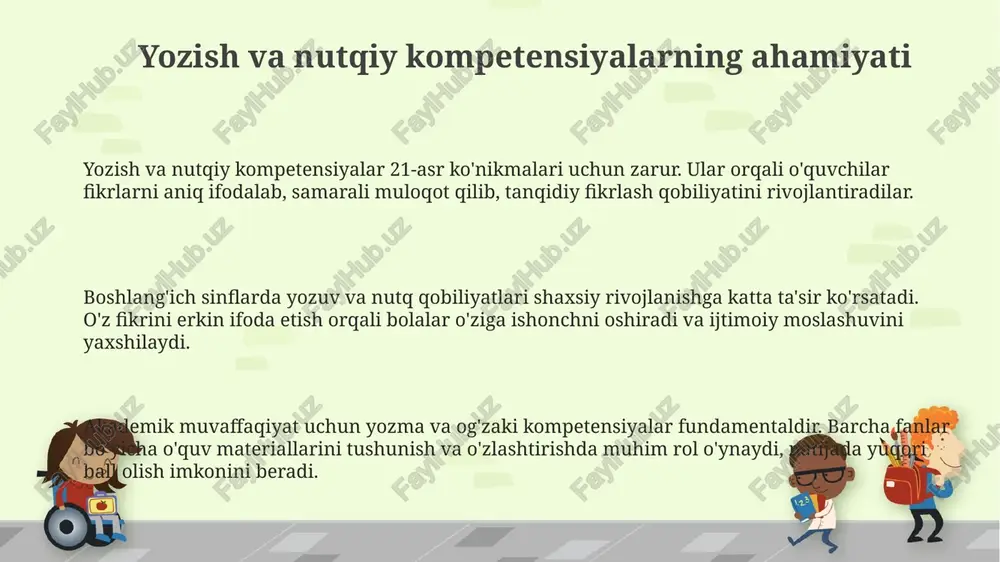 a oshiradi va hikoya tuzish qobiliyatini rivojlantiradi. ota-onalar farzandlari bilan 15-20 daqiqa davomida kunlik suhbatlar o'tkazishlari, bu ularning fikrlash va nutqiy qobiliyatlarini sezilarli darajada yaxshilaydi. uyda 3 tilda so'zlashuvchi muhit yaratish, bolalarning til o'rganish qobiliyatini 2 barobarga oshiradi va kommunikativ kompetensiyalarini rivojlantiradi. inklyuziv ta'lim inkluziv ta'limda moslashuvchan o'quv dasturlari muhim, ular o'quvchilarning individual ehtiyojlariga moslashtirilgan va turli xil o'qitish usullarini qo'llaydi. inkluziv ta’lim 141-sonli qarorga muvofiq, har bir bolaning, shu jumladan, nogironligi bor bolalarning ta’lim olish huquqini ta’minlashga qaratilgan, bu muhim yondashuvdir. o'qituvchilar inkluziv ta'limda bolalarning xususiyatlarini hisobga olgan holda, 100% ta'lim olishlari uchun qo'shimcha yordam berishlari talab etiladi. texnologiyalarning roli texnologiyalar o'quvchilarga interaktiv yozish mashqlarini taqdim etadi, misol uchun, onlayn hamkorlikda matn yaratish vositalari yordamida 21-asr ko'nikmalarini rivojlantiradi. nutqiy ko'nikmalarni rivojlantirish uchun texnologiyalar audio va video yozuvlardan foydalanish imkoniyatini beradi, bunda o'quvchilar o'z nutqlarini baholaydi va takomillashtiradi. dasturiy ta'minot o'qituvchilarga 360 gradusli virtual sayohatlar orqali so'z boyligini oshirishga yordam …
