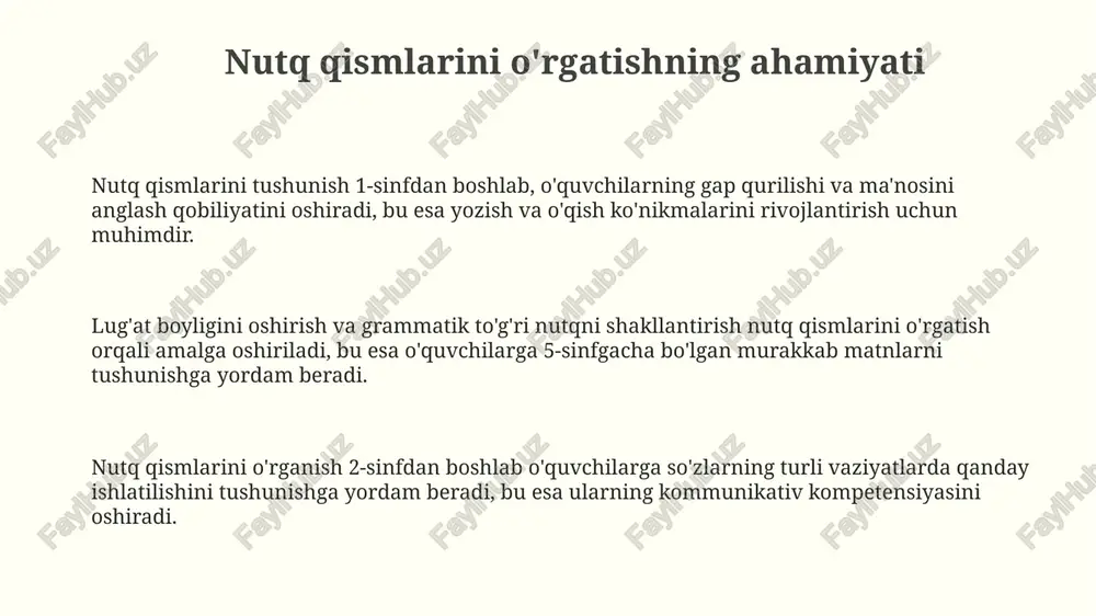 ga oshirilishi mumkin: 1) mazmun, o'quvchilar nimani o'rganishi; 2) jarayon, o'quvchilar ma'lumotni qanday qabul qilishi; 3) mahsulot, o'rganilgan materialni qanday namoyish etishi. turli xil o'quv uslublariga moslashish uchun, vizual, auditiv va kinestetik o'quvchilar uchun alohida topshiriqlar tayyorlang. masalan, 5 ta rasm yordamida otni tushuntirish vizuallar uchun mos. differensiallashda o'quvchilarning qiziqishlariga e'tibor qaratish muhim. 4 ta guruhga bo'lib, har bir guruhga sevimli hayvonlari haqida fe'llar bilan gap tuzish vazifasini bering. baholash strategiyalari: bilimlarni tekshirish usullari yozma baholashlar 5 ballik testlar, 10 tadan iborat qisqa savol-javoblar va grammatik qoidalarni qo'llash bo'yicha mashqlarni o'z ichiga oladi. og'zaki baholashlar 1-4 sinflarda o'quvchilarning nutq qismlari haqidagi bilimlarini aniqlash uchun savol-javoblar, hikoyalar va 3 daqiqalik taqdimotlarni o'z ichiga olishi mumkin. kuzatuv baholashlari o'quvchilarning guruhli loyihalarda ishtirokini, 2-3 so'zdan iborat jumlalarni tuzish qobiliyatini va topshiriqlarni 7 daqiqa ichida bajarishini baholaydi. o'qituvchi tayyorgarligi: darsga tayyorgarlik ko'rish o'qituvchi darsga tayyorgarlik ko'rishda 3 ta asosiy bosqichni (rejalashtirish, materiallar, baholash) hisobga …