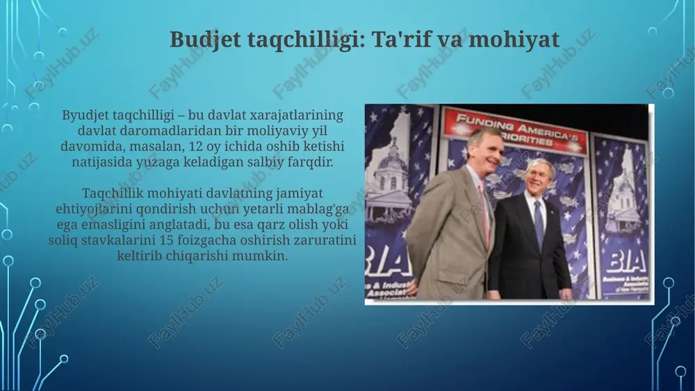 hadi. budjet taqchilligining global ta'siri davlat budjeti taqchilligi global kapital oqimlariga ta'sir qilishi mumkin, bunda yuqori defitsitlar foiz stavkalarini oshirib, xorijiy investitsiyalarni jalb qiladi va valuta kurslarining o'zgarishiga olib keladi. budjet taqchilligi global savdo balansiga ta'sir etishi mumkin, chunki davlat xarajatlarining ko'payishi importni rag'batlantiradi va savdo defitsitini kengaytiradi, bu esa boshqa mamlakatlarning iqtisodiy o'sishiga ta'sir qiladi. budjet taqchilligining tarixiy misollari buyuk depressiya (1930-yillar) davrida aqsh katta byudjet taqchilligini boshdan kechirdi, chunki hukumat iqtisodiyotni rag'batlantirish uchun xarajatlarni oshirdi va soliq tushumlari pasaydi. 1980-yillarda aqsh prezidenti ronald reygan ma'muriyati soliq stavkalarini pasaytirdi va harbiy xarajatlarni oshirdi, natijada byudjet taqchilligi sezilarli darajada oshdi va milliy qarzning o'sishiga olib keldi. zamonaviy budjet taqchilligi tendentsiyalari so'nggi tendensiya - demografik o'zgarishlar tufayli pensiya va sog'liqni saqlash xarajatlarining ortishi, bu 2050 yilga borib budjet taqchilligini sezilarli darajada oshirishi mumkin. global miqyosda, 2008-yilgi moliyaviy inqirozdan so'ng, ko'plab davlatlar yalpi ichki mahsulotning 10% dan ortig'ini tashkil etuvchi katta budjet …
