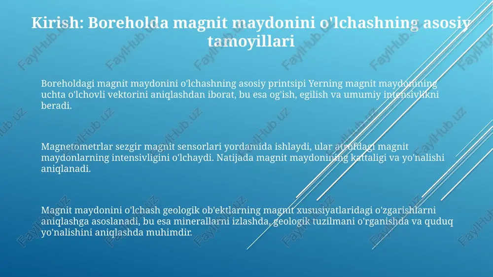bo'lgan juda chuqur quduqlarda yuqori harorat va bosimga chidamlilikni ta'minlash uchun asboblar mo'ljallashda qiyinchiliklar mavjud. geologik tuzilmalar va magnetik minerallar o'lchov natijalariga ta'sir qilishi mumkin bo'lganligi sababli, aniq magnit anomaliyalarini aniqlash uchun ma'lumotlarni qayta ishlash algoritmlarini optimallashtirish talab etiladi. kelajakda o'lchov aniqligini oshirish va asbob o'lchamlarini qisqartirish uchun kvant sensorlari va mems texnologiyalari (mikroelektromexanik tizimlar) integratsiyasi tobora dolzarb bo'lib bormoqda. e'tiboringiz uchun rahmat