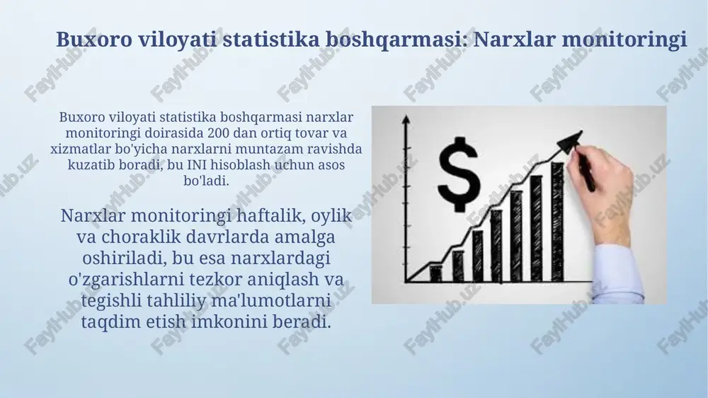 rsining o'zgarishlari orqali shakllanadi. statistik to'plamlar, nashrlar va ochiq ma'lumotlar statistik toʻplamlarda 12 oydagi oʻrtacha isteʼmol narxlari indeksi (ini) dinamikasi, mintaqalar boʻyicha taqqoslashlar va asosiy oziq-ovqat mahsulotlarining narxlari haqida batafsil maʼlumotlar keltirilgan. nashrlarda qurilish materiallari narxlari indeksi (qmñi)ning choraklik oʻzgarishi, 30 turdagi xizmatlar narxining oʻsishi va inflyatsiya darajasiga taʼsir etuvchi omillar tahlil qilinadi. narxlar bo'yicha prognozlar va tahliliy sharhlar buxoro viloyati statistika boshqarmasi kelgusi 12 oy ichida asosiy oziq-ovqat mahsulotlari narxlarining o'zgarishi bo'yicha prognozlar ishlab chiqadi, bu 5 foizdan 10 foizgacha o'sishni ko'rsatadi. tahliliy sharhlar 2023-yil uchun ini o'zgarishiga ta'sir etuvchi asosiy omillarni aniqlaydi, ularga energiya narxlari va import siyosati kiradi hamda 7,5% inflyatsiyani prognoz qiladi. e'tiboringiz uchun rahmat image4.png image5.png image6.jpg image7.jpg image8.jpg image9.jpg image10.jpg image11.jpg image12.jpg image13.jpg image14.jpg image15.jpg image16.jpg image1.jpeg