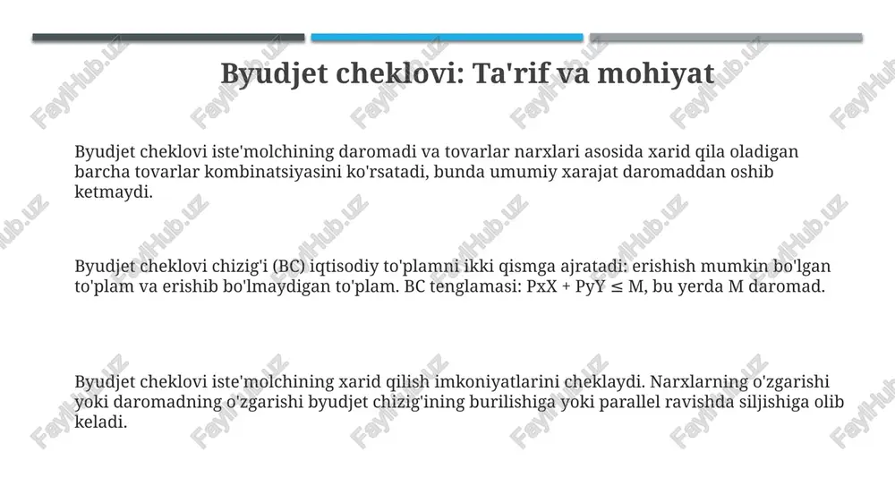 ombinatsiyalarini ko'rsatadi. iste'molchi muvozanat nuqtasida olma va nokni shunday miqdorda iste'mol qiladiki, bu uning foydasi maksimal bo'ladi va byudjet cheklovidan oshmaydi, marginal o'rnini bosish darajasi narxlar nisbatiga teng bo'ladi. narxlarning o'zgarishi byudjet chizig'ini siljitadi. masalan, olma narxi pasaysa, iste'molchi ko'proq olma sotib olishi mumkin va muvozanat nuqtasi o'zgaradi, iste'mol imkoniyatlari kengayadi. e'tiboringiz uchun rahmat @taqdimot_robot