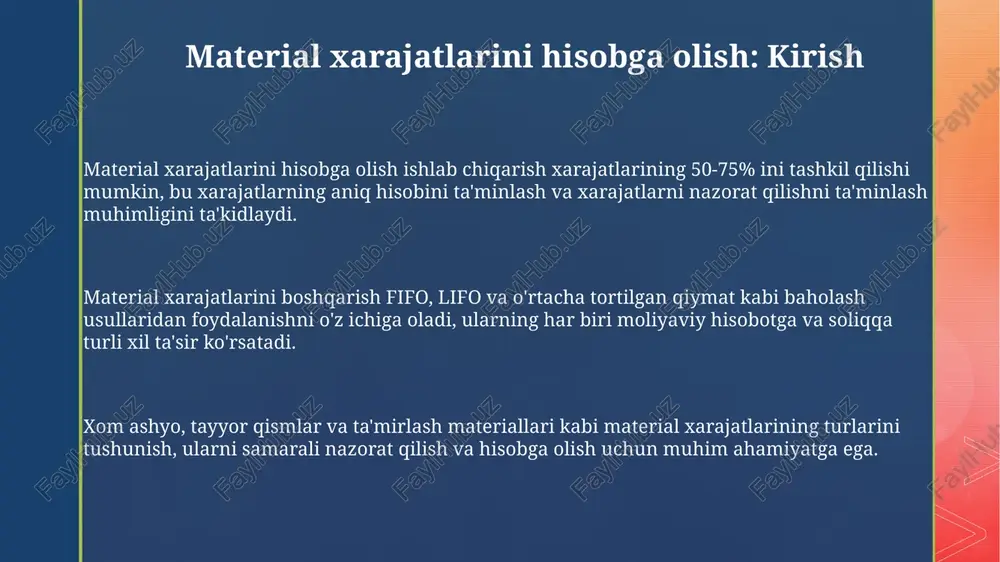 rajatlari usulining bosqichlari jarayon xarajatlari usulining birinchi bosqichi - bu har bir jarayonda ishlab chiqarish xarajatlarini (materiallar, mehnat va ishlab chiqarish overheadlarini) yig'ish va aniqlash. ikkinchi bosqichda ekvivalent birliklarni hisoblash amalga oshiriladi. bu tugallanmagan ishlarni yakunlangan birliklarga moslashtirish uchun zarur, masalan 1000 birlik 50% tugallangan. uchinchi bosqichda, ishlab chiqarish xarajatlari hisobotini tuzish amalga oshiriladi. ushbu hisobotda xarajatlar oqimi va har bir jarayonda hisobga olingan xarajatlar jamlanadi. ekvivalent birliklar: hisoblash ekvivalent birliklar uchun formula: tugallangan birliklar + (tugallanmagan birliklar x tugallanish foizi). bu jarayon xarajatlarining to'g'ri hisoblanishini ta'minlaydi. ekvivalent birliklarni hisoblashda, tugallanmagan inventarizatsiyaning tugallanish foizi muhim. masalan, 1000 dona 40% tugallangan bo'lsa, 400 ta ekvivalent birlikka teng. ekvivalent birliklarni hisoblashda fifo usuli birinchi bo'lib boshlangan va tugallangan birliklarga e'tibor qaratadi, o'rtacha tortilgan qiymat esa barcha birliklarning o'rtacha qiymatini hisoblaydi. ishlab chiqarish xarajatlari hisoboti ishlab chiqarish xarajatlari hisoboti ishlab chiqarish jarayonida yuzaga kelgan barcha xarajatlarni, jumladan material, mehnat va overhead xarajatlarini jamlaydi …