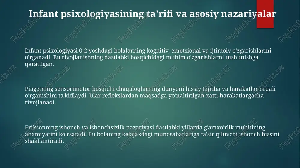 qlari tug'ilgandan boshlab namoyon bo'ladi, masalan, erta nutq qobiliyati yoki yuqori darajadagi hissiyotga sezgirlik, bu keyingi rivojlanishga ta'sir qilishi mumkin. rivojlanish buzilishlari autizm spektridagi buzilishlar (asb) kabi turli shakllarda namoyon bo'ladi va 1 yoshda ijtimoiy o'zaro ta'sir etishmasligi kabi belgilari bilan aniqlanishi mumkin. baholash usullari, masalan, bayley infant rivojlanish shkalasi, 1 oydan 42 oygacha bo'lgan bolalarning kognitiv, til va motor qobiliyatlarini aniqlash uchun standartlashtirilgan testlarni o'z ichiga oladi. e'tiboringiz uchun rahmat image1.png image2.png image3.png image4.png image5.png