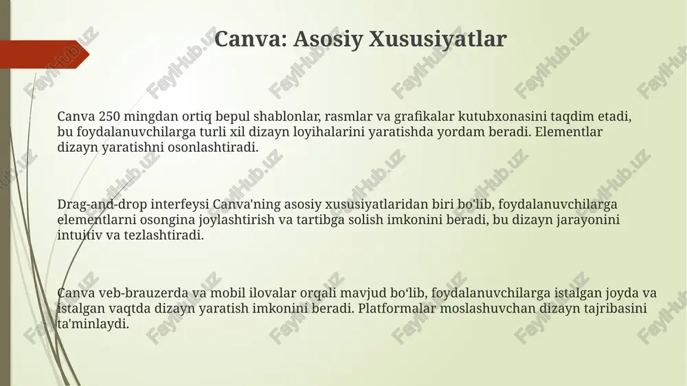 rli dizayn elementlarini o'z ichiga olgan holda, shaxsiy kompyuter versiyasi bilan deyarli bir xil funksiyalarni taqdim etadi. ilova oflayn rejimda ishlash imkoniyatini ham beradi, bu foydalanuvchilarga internet aloqasi bo'lmagan joylarda ham dizaynlarni yaratish va tahrirlash uchun qulaylik yaratadi, ayniqsa sayohatlarda muhim. mobil ilovaning intuitiv interfeysi drag-and-drop (suyratib olib tashlash) funksiyasini o'z ichiga oladi, bu esa yangi boshlovchilarga ham tezda dizayn yaratishni o'rganishga yordam beradi va vaqtni tejaydi. oʻquv materiallari va yordam canva help center platformadan foydalanish boʻyicha 1000 dan ortiq savollarga javob beruvchi koʻplab maqolalarni oʻz ichiga oladi, muammolarni bartaraf etish boʻyicha yoʻriqnomalar, tez-tez soʻraladigan savollarga javoblar bilan ta’minlaydi. canva dizayn ko'nikmalarini rivojlantirish uchun turli xil o'quv qo'llanmalari, maslahatlar, dizayn darslari va o'quv dasturlarini taklif etadi. ularning ko'pchiligi bepul va har qanday foydalanuvchi uchun ochiq. canva design school-da onlayn kurslar mavjud bo'lib, ular ijtimoiy tarmoqlar grafikasi, brending va taqdimotlar kabi mavzularni qamrab oladi. bu kurslar boshlang'ich va tajribali dizaynerlarga mo'ljallangan. …