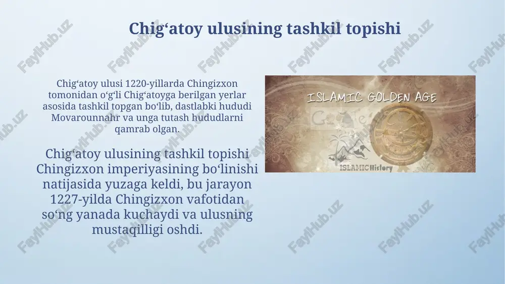 onalar chig'atoy ulusida xiii asrning oxiri va xiv asrning boshlarida ilm markazlari, xususan, buxoro va samarqand shaharlarida rivojlandi, bu yerda ko'plab madrasalar faoliyat ko'rsatgan. ilmiy kutubxonalar, masalan, buxorodagi kutubxonalar, astronomiya, tibbiyot va matematika bo'yicha yuzlab qo'lyozma asarlarni saqlagan bo'lib, olimlarga ilmiy tadqiqotlar olib borishga yordam bergan. olimlar va mutafakkirlarning faoliyati olimlar matematika, astronomiya va geografiya sohalarida katta yutuqlarga erishdilar, masalan, 13-asrda yashagan olim xoja nasriddin tusiyning astronomik kuzatuvlari muhim ahamiyatga ega edi. tibbiyot sohasida ibn sino (avitsenna) asarlaridan foydalanilgan, shuningdek, yangi davolash usullari va dorilar ishlab chiqilgan. 14-asrda tibbiyot rivojlanishi davom etdi. ilm-fan homiylari chig'atoy ulusida hukmron bo'lgan duva xon (1282–1307) ilm-fanni, ayniqsa, tarix va islom huquqini rivojlantirishga katta e'tibor qaratgan. uning saroyida ko'plab olimlar to'plangan edi. tarashirin (1326–1334) islomni qabul qilgach, ilm-fanni rivojlantirishga yanada ko'proq hissa qo'shdi. madrasalar qurdirib, ulamolarni qo'llab-quvvatlab, diniy va dunyoviy bilimlarni tarqatishga harakat qildi. xiv asr boshlarida ilm-fanning davomiy rivoji xiv asr boshlarida astronomiya jadallik …