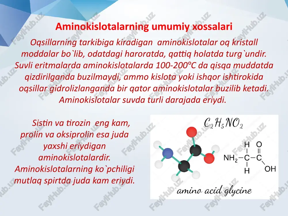 anjirning tuzilishi bo`yicha; 2. elektokimyoviy – aminokislotalarning kislota-ishqoriy xossalari bo`yicha; aminokislotalar zaryadi 0 ga teng bo`lgan holat izoelektrik holat deb aytiladi. aminokislotalarning elektr maydonida anodga ham katodga ham harakatlanmaydigan ph qiymati izoelektrik nuqta deb ataladi va phi bilan belgilanadi. izoelektrik nuqta aminokislotalardagi turli guruhlarning kislota-ishqoriy xususiyatlarini aniq namoyon qiladi va aminokislotani xarakterlaydigan eng muhim konstanta hisoblanadi. aminokislotalarning fazodagi strukturasi asosida ularni ikki qatorga ajratish biologik ahamiyatga ega. oqsillar tarkibiga faqat l-aminokislotalar kiradi. lekin organizmdan ba’zi bir d- aminokislotalar ham ajratib olingan. ayrim d- aminokislotalar erkin holda va bakteriya hujayrasining pardasida (sibir yarasi, kartoshka va pichan tayoqchasida) va mikroorganizmlar tomonidan ishlab chiqarilgan antibiotiklarda uchraydi. tabiatda 300 ga yaqin aminokislotalar uchraydi. ularning yarmidan ortig`i, umuman oqsillar tarkibiga kirmaydi, qolgan yarmisining ko`p qismi ham faqat ayrim organizmlarda, ba’zilari alohida oqsillar va peptidlar tarkibida bo`ladi. hamma organizmlarda oqsillar tarkibiga kiradigan aminokislotalar soni 20 ga teng. ular proteinogen aminokislotalar deb ataladi. qolgan aminokislotalar oqsil tuzilishida …