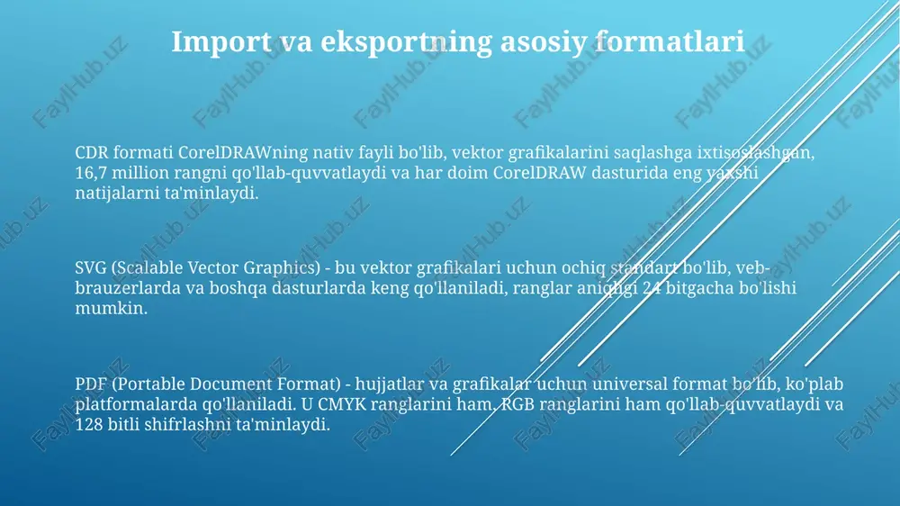 tining rang rejimiga mos kelishini tekshiring. rang profillarini sozlash orqali moslikni ta’minlang. eksport jarayonida shriftlar bilan bogʻliq muammolar yuzaga kelganda, shriftlarni egri chiziqlarga aylantirish (convert to curves) tavsiya etiladi. bu shriftlarning boshqa kompyuterlarda ham toʻgʻri aks etishini kafolatlaydi. bu matn tahrirlanishiga ta’sir qiladi. eng yaxshi amaliyotlar import qilishdan oldin, 300 dpi yoki undan yuqori sifatli tasvirlarni ishlatish orqali aniqlikni ta'minlang; bu chop etish uchun juda muhim, ayniqsa katta formatli ishlarda detallarni saqlash uchun foydalidir. eksport sozlamalarida 'convert curves' funksiyasidan foydalaning, ayniqsa matnlar bilan ishlaganda. shriftlar bilan bog'liq muammolarni oldini olish uchun bu amaliyot fayllarning vizual barqarorligini ta'minlaydi. murakkab vektor ob'ektlarini eksport qilishda, fayl hajmini optimallashtirish uchun 'simplify' buyrug'ini qo'llang. bu coreldraw'ning ishlashini yaxshilaydi va fayl almashishni osonlashtiradi, taxminan 15-20% ga. e'tiboringiz uchun rahmat