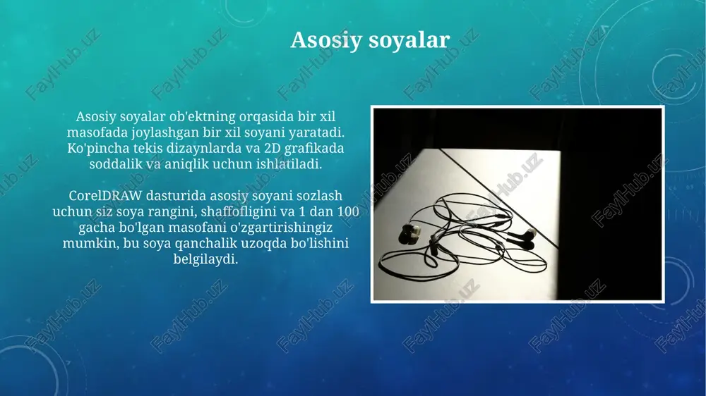 zel va aylantirish kabi vositalardan foydalanadi, natijada 2 o'lchamli shakllar uch o'lchamli bo'lib ko'rinadi. perspektiv soyalar coreldraw-da realizmni oshirish uchun juda muhim bo'lib, ularni 1 yoki 2 nuqtali perspektivalar bilan sozlash mumkin, bu esa soyalarning 3d ob'ekt bilan mos tushishini ta'minlaydi. vektor grafikada soyalar vektor grafikasidagi soyalar odatda ob'ektning nusxasini yaratish va unga qora rang berish, so'ngra uni orqaga yuborish va xiralashtirish orqali yaratiladi, bu esa 2d illyuziyasini beradi. vektor soyalarini yaratishda 'aralashtirish rejimlari' (masalan, 'ko'paytirish') soyaga mos rang berish va ob'ekt bilan yaxshiroq integratsiyalashuvga yordam beradi, shaffoflik esa soya zichligini nazorat qiladi. bitmap soyalari bitmap soyalari rastr tasvirlarida yaratiladi va coreldraw ularni 'effects' menyusidagi 'bitmap effects' orqali amalga oshiradi, bunda piksel asosidagi tuzilishlar aniqlikni belgilaydi. bitmap soyalarining sifati ruxsatga bog'liq; past ruxsat 72 dpi soyalar g'alati ko'rinishi mumkin, yuqori ruxsat 300 dpi esa aniqroq, lekin katta fayl hajmini anglatadi. optimallashtirish va ishlash vektor soyalari o'rniga bitmap soyalaridan foydalanish fayl …