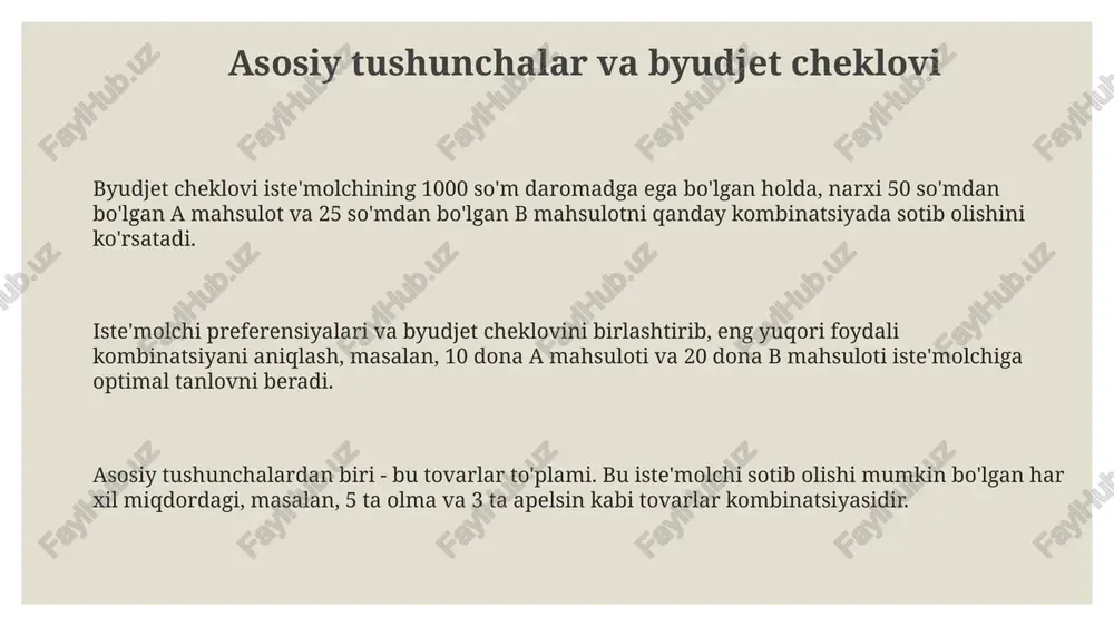 l ravishda siljitadi. bu dastlabki xarid qilish quvvatini saqlab qolish uchun zarur bo'lgan minimal daromadni aniqlaydi. slutskiy yondashuvi tovarning narxi o'zgarganda, iste'molchi avvalgi xarid qilish imkoniyatini saqlab qolish uchun qancha daromad olishi yoki berishi kerakligini hisoblaydi. slutskiy tenglamasi umumiy ta'sirni o'rinbosar ta'siri (xarid qilish quvvatining doimiy qolishi) va daromad ta'siri (haqiqiy daromaddagi o'zgarish) yig'indisi sifatida ifodalaydi. oddiy, sifatsiz va giffen tovarlari sifatsiz tovarlar uchun daromad effekti narx o'zgarishi effektiga qarama-qarshi. daromad 5% ga oshganda talab kamayadi, chunki iste'molchilar sifatliroq tovarlarga o'tishadi. oddiy tovarlar uchun talab narx bilan teskari bog'liq. agar narx 10% ga oshsa, talab kamayadi, chunki iste'molchilar arzonroq o'rinbosarlarga o'tadi. giffen tovarlari - bu narx oshishi bilan talab oshadigan nodir tovarlardir. misol uchun, 20-asrda irlandiyada kartoshka narxi oshganda, unga talab ham oshgan. mehnat va jamg'arma ta'minotiga ta'siri mehnat ta'minoti bo'yicha, ish haqi oshishi daromad effektidan kelib chiqib, dam olish uchun talabni oshirishi mumkin, natijada mehnat ta'minoti qisqaradi, ayniqsa odamlar …