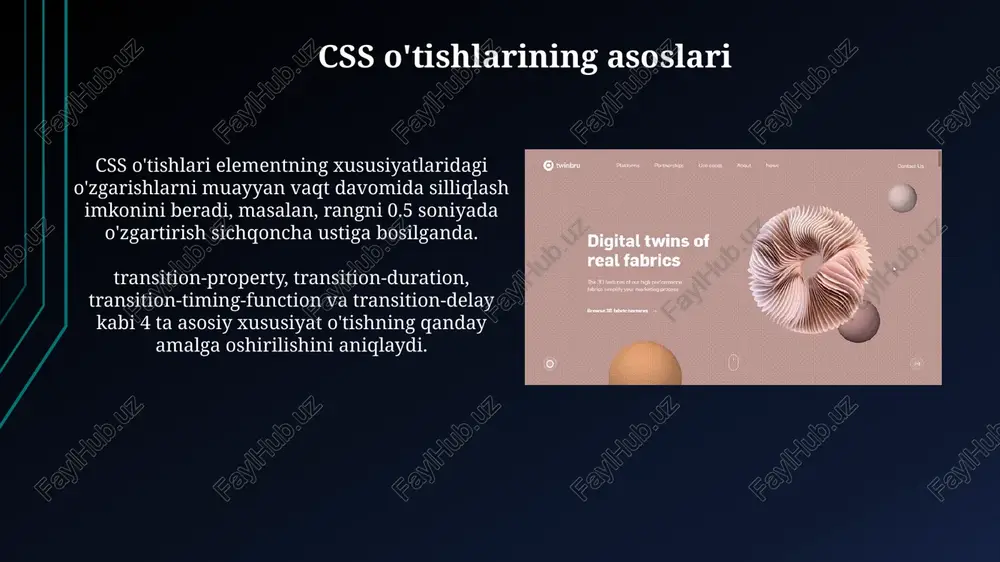 a ishlatish xotirani ko'paytirishi mumkin. brauzer muvofiqligi va yechimlar css animatsiyalari va o'tishlari turli brauzerlarda turlicha ishlashi mumkin; masalan, eski brauzerlar animatsiya xususiyatlarining ayrim qismlarini qo'llab-quvvatlamasligi mumkin. shuning uchun tekshirib ko'rish kerak. brauzer muvofiqligini ta'minlash uchun -webkit-, -moz-, -ms- va -o- kabi brauzer prefikslaridan foydalanish mumkin, bu har bir brauzerda yaxshi ishlashini ta'minlaydi; bu juda muhim. css animatsiyalari va o'tishlarining amaliy misollari e-commerce saytlarida mahsulotlarni ko'rsatishda animatsiyalardan foydalanish, masalan, hover effektida mahsulotning 360 gradusda aylanishi yoki 0.3 sekund ichida kattalashishi kabi o'tishlar qo'llanilishi mumkin. saytlarda yuklanish ko'rsatkichlari, 1 sekund ichida aylana yoki progress barni to'ldirish animatsiyasi orqali foydalanuvchiga jarayon davom etayotganligini ko'rsatib, foydalanuvchi tajribasini yaxshilaydi. interaktivlik va javascript bilan integratsiya javascript animatsiya tugashini 100% aniqlik bilan aniqlash, dinamik stillarni o'zgartirish yoki foydalanuvchi harakatlariga asoslangan trigger funktsiyalarini yaratish uchun zarur. .addeventlistener() kabi javascript usullari css o'tishlarini boshqarish imkonini beradi, masalan, mouseover hodisasi tufayli o'tishni ishga tushirish yoki 250ms kechikishdan keyin animatsiya …