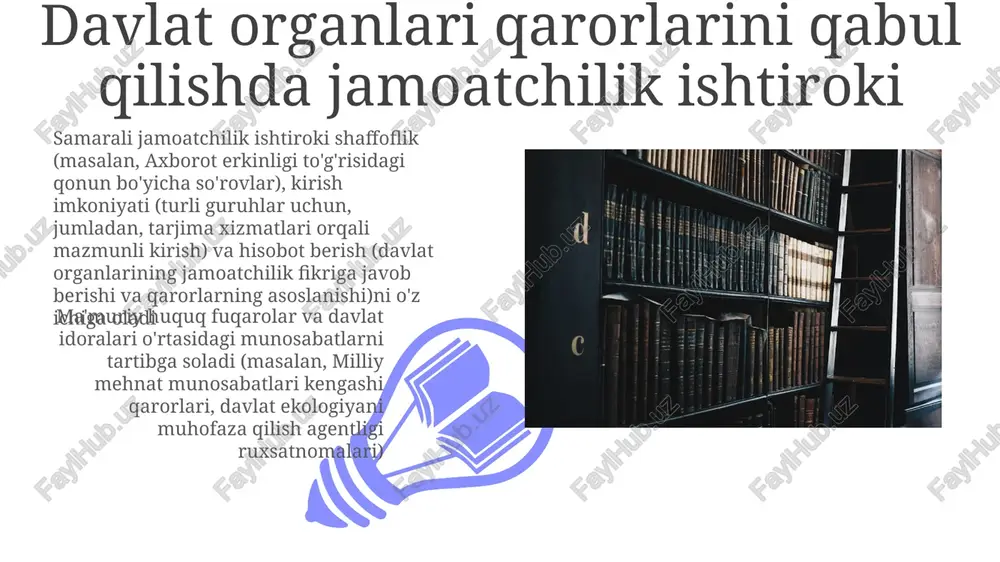 qarorlariga ta'sir qiladi). ma'muriy huquqdagi ixtiyoriy va o'zboshimchalik me'yorlar aniq mezonlarga ega emas, bu esa ishlar bo'yicha nomutanosib qo'llanilishiga olib keladi. ma'muriy huquq ta'rifi davlat boshqaruvi huquqiy munosabatlari idoralar (masalan, adliya vazirligi, savdo komissiyasi), tartibga solinadigan sub'ektlar (korporatsiyalar, jismoniy shaxslar) va jamoatchilik o'rtasidagi o'zaro ta'sirni o'z ichiga oladi qonun chiqaruvchi hokimiyatni idoralarga berish, tegishli jarayonni ta'minlaydigan rasmiy protseduralar (masalan, bildirish va muhokama qilish tartibi, ma'muriy tinglovlar) va qonuniylik va oqilona bo'lishni ta'minlash uchun sud nazorati (o'zboshimchalik va injiqlik standarti, chevron doktrinasi) asosiy xususiyatlardir hokimiyatning boʻlinishiga oid tashvishlar ma'muriy tartib-taomil to'g'risidagi qonun ma'muriy vositalarning tugashi 01 02 ma'muriy huquq fuqarolar va davlat idoralari (masalan, ekologik muhofaza agentligi, aloqa komissiyasi) o'rtasidagi munosabatlarni qoidalar, reglamentlar (masalan, federal qoidalar to'plamining 40-bo'limi ekologik masalalar bo'yicha), ma'muriy tartib-qoidalar va kaliforniya yoki texas kabi hududlardagi ma'muriy sudyalar qarorlari orqali tartibga soladi sudyalar tomonidan ko'rib chiqishdan oldin (masalan, nyu-yorkning janubiy okrugi bo'yicha aqsh tuman sudi), barcha mavjud ichki …