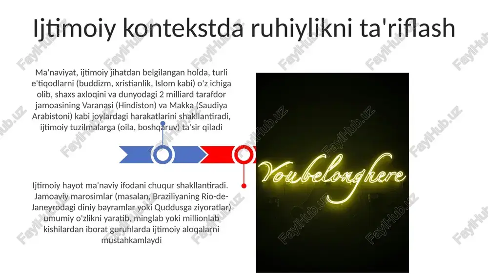 iy kontekstlarda (masalan, hindistondagi dharma, g'arb sekulyar gumanizmi) munosabatlar dinamikasiga sezilarli ta'sir ko'rsatadi ma'naviy amaliyotlar (masalan, 1960-yillardagi aqsh va yevropadagi kontrmadaniyat harakatlaridagi namoz, yoga) ijtimoiy munosabatlarga ijobiy ta'sir ko'rsatadi ma'naviyatning ijtimoiy hayotga ta'siri ko'p qirrali. ma'naviy rahbarlar (masalan, dalai lamaning rahm-shafqat tarafdori) ijtimoiy normalar va qadriyatlarni shakllantirib, global siyosiy masalalarga (iqlim o'zgarishiga qarshi kurash kabi) ta'sir ko'rsatadi ma'naviyat va mojaro hal qilish ma'naviyat va ko'ngillilik oksford, stenford va tokio universitetlarining (2013-2023) 10 yillik ijtimoiy faollik ma'lumotlarini tahlili ma'naviy amaliyotlar (meditatsiya, ibodat) bilan jamoatchilik ishlarida ishtirok etish (masalan, mahalliy ekologik tozalashda 60% ishtirok) o'rtasida musbat bog'liqlikni ko'rsatdi 2022-yilda san-fransisko, dehlidagi va riodagi 5000 ishtirokchida o'tkazilgan so'rovnomalar shuni ko'rsatdiki, ma'naviy o'sish ijtimoiy foydali xulq-atvor (ko'ngillilik) bilan bog'liq. aniqrog'i, mahalliy xayriya tashkilotlarida (masalan, habitat for humanity) 50 soatdan ortiq ko'ngillilik qilganlarning 80% o'z maqsadlariga bo'lgan ishonchini oshirganligini aytgan. ma'naviyat va ijtimoiy qo'llab-quvvatlash tarmoqlari barna groupning 2018-yilgi tadqiqotiga ko'ra, haftasiga 3 soatdan ortiq diniy …