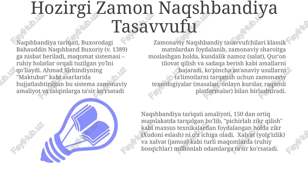 ariladi. shaxsiy tajribalar farq qiladi, bu shaxsiy ma'naviy qobiliyat, sadoqat va pirning yo'l-yo'riqlariga bog'liq naqshbandiya tariqati maqomlardan foydalanib ruhiy kamolga erishadi; zikr (allohni eslash), muraqaba (meditatsiya) va xalvat (ruhiy chekinish) kabi usullarni qo'llaydi muraqaba amaliyoti naqshbandiya tariqati amaliyoti bo'lgan muraqaba, dunyoning turli sufi tartiblarida (jumladan, turkiya, markaziy osiyo va yaqin sharqda) poklanishdan (tazkiya) ittifoqqa (fana) olib boradigan 7 bosqichdan (maqomat) iborat muraqaba (doimiy hushyorlik) holatiga erishish va nihoyatda fana fi-llah (allohda fano boʻlish) maqsadiga intilish. islom ilohiyoti va paygʻambarimiz muhammad (s.a.v.)ning taʼlimotlariga chuqur ildiz otgan. ahmad sirhindiy kabi turli manbalar ushbu metodikaga batafsil yoritib beradi. naqshbandiya maqomlari xanqoh yoki tog‘-cho‘l kabi yolg‘iz joylarda intizomli amallarni o‘z ichiga oladi. 7 bosqich – tavba, tavbah va hokazolar – shayx yoki murshid rahbarligida qat’iy o‘z-o‘zini tekshirish va ruhiy mashqlarni talab qiladi. naqshbandiya ustalarining taqdimotlari 18-asr mevlevi/naqshbandiy ustozi shayx ahmad al-faruqiy al-sirhindiy (1564-1624)ning hindiston va moʻgʻul imperiyasidan yozilgan asarlari islomni yangilashga, naqshbandiy maqomatidagi 10 …