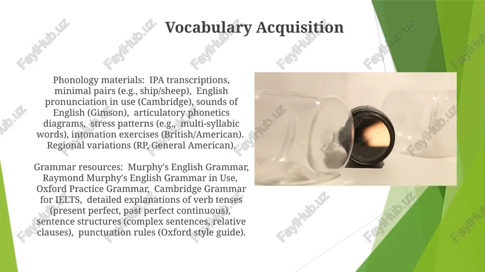 material on phonology: phoneme inventories (ipa transcriptions), english consonant clusters, vowel reduction in unstressed syllables, syllable structure (onset, nucleus, coda), phonotactic constraints, stress patterns in words and phrases, assimilation processes, phonological rules in different dialects (e.g., received pronunciation, general american). noun phrases: syntactic structures, english noun phrases, head nouns (e.g., the big red ball, several angry dogs in the park), determiners (articles, quantifiers, possessives), pre- and post-modification, adjective phrases, prepositional phrases, comparative analysis across languages (german, spanish). phoneme inventory vocabulary & grammar: english lexicon boasts ~600,000 words (oxford english dictionary). grammatical structures include subject-verb-object (svo) word order, tense systems (past, present, future), articles (a, an, the), prepositions (in, on, at), and complex morphology (e.g., derivational and inflectional affixes). phoneme inventory: english contains ~44 phonemes (e.g., /p/, /b/, /tʃ/), varying across dialects (e.g., rhotic vs. non-rhotic accents in american and british english). consider vowel inventory differences between received pronunciation (rp) and …