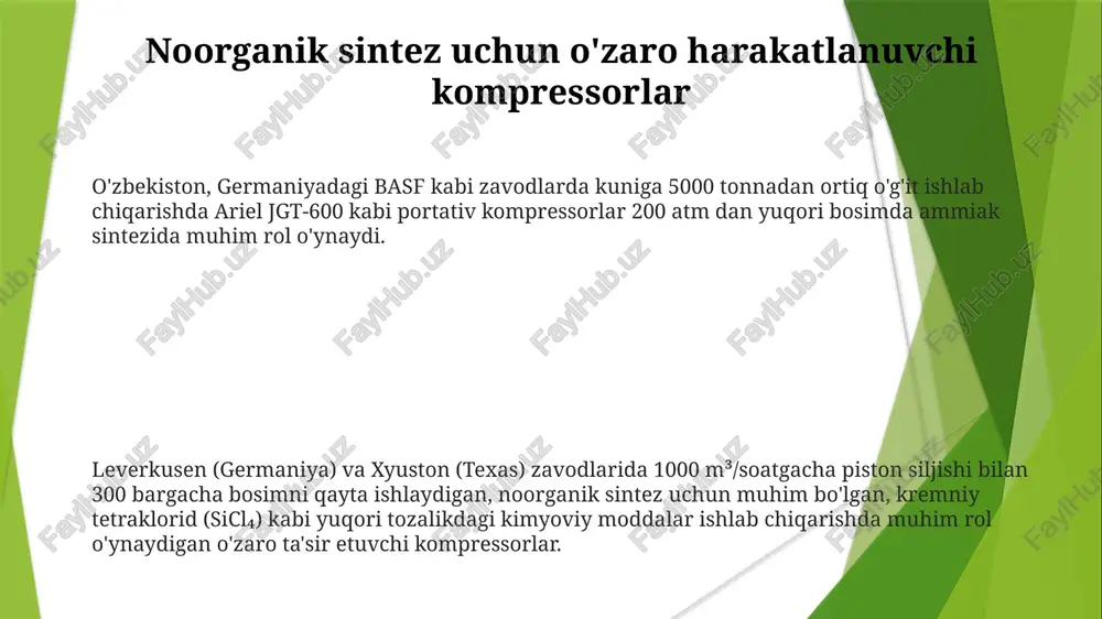 alan, tsement, keramika) xomashyolarni pnevmatik tashishda (masalan, germaniya g'isht zavodida 200 tonna/soat loy), fırtınəli to'shak reaktorlarida bosimni oshirishda (masalan, titanium dioksid sintezida 5 bar) va pech muhitini boshqarishda kompressorlardan (portonli, eksenel, spiral) foydalaniladi keramika ishlab chiqarishdagi qo'llanmalar keramika va noorganik materiallar ishlab chiqarishda kompressor tanlash jarayonning o'ziga xos parametrlariga bog'liq noorganik materiallar ishlab chiqarishda, yuqori haroratli (1000-1500 °c) pechlarda (masalan, fransiyadagi saint-gobain pechlari) gazlarni (masalan, 1000 m³/soat n2, o2 yoki ar) tashish uchun kompressorlar (rotorli, aksiyal oqimli) muhim ahamiyatga ega keramika ishlab chiqarishda (masalan, sentrifugal, vintli, pistonli) kompressorlardan chang tashishda (≥500 kg/soat) foydalaniladi, bu jarayonlarga johnson matthey (buyuk britaniya) va kyocera (yaponiya) kabi zavodlarda 20-50 µm keramik suspenziyalarni purkash (atomizatsiya qilish) kiradi nozik materiallar uchun diafragma kompressorlari knf n820.1 va busch v-seriyali diafragma kompressorlari, aqshda kremniy karbid (sic) ishlab chiqarishda uchraydigan agressiv kimyoviy moddalardan himoya qiluvchi ptfe yoki epdm diafragmali bo'lib, uzoq muddatli xizmat va minimal ifloslanishni ta'minlaydi yuqori tozalikdagi …