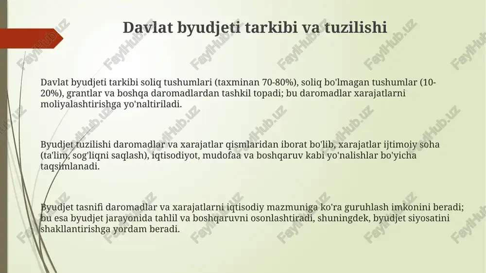 alan, yo'llar qurilishi va elektr tarmoqlarini modernizatsiya qilish, bu esa 15 foizgacha iqtisodiy o'sishni ta'minlashi mumkin. qishloq xo'jaligini qo'llab-quvvatlash uchun 300 milliard so'm ajratiladi, bu esa suv ta'minotini yaxshilash va zamonaviy texnologiyalarni joriy etish orqali hosildorlikni 25 foizga oshirishga yordam beradi. mudofaa va boshqaruv xarajatlari mudofaa xarajatlari davlat byudjetining muhim qismi bo'lib, milliy xavfsizlikni ta'minlashga 3 foizdan ko'proq mablag' ajratiladi, jumladan qurollanish va harbiy xizmatchilar ta'minoti. boshqaruv xarajatlari, davlat apparati faoliyatini qo'llab-quvvatlash uchun 5 foizdan kam byudjet mablag'i sarflanadi, shu jumladan davlat xizmatchilarining ish haqi va binolarni saqlash xarajatlari. mudofaa va boshqaruv xarajatlarining samaradorligi davlat tomonidan nazorat qilinadi, xarajatlarning 2 foizgacha kamaytirish orqali optimallashtirish maqsad qilinadi va natijadorlikka e'tibor qaratiladi. davlat maqsadli jamg'armalari: daromad va xarajatlar jamg'arma xarajatlari aniq maqsadli dasturlarni moliyalashtirishga yo'naltiriladi, masalan, pensiya ta'minoti, ijtimoiy himoya, sog'liqni saqlash, ta'lim va madaniyat sohalarida 60%dan ortiq mablag' sarflanadi. davlat maqsadli jamg'armalarining daromadlari asosan maqsadli soliqlar, ajratmalar va boshqa majburiy to'lovlardan …