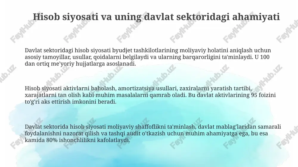 hisobi budjet tasnifi tizimi asosida aniq yuritiladi. 140-sonli buxgalteriya hisobi standartining ahamiyati katta. davlat xarajatlari ijtimoiy ta'minot, mudofaa va infratuzilmaga yo'naltiriladi. ularning hisobi g'aznachilik operatsiyalari orqali amalga oshiriladi va tegishli normativ hujjatlar bilan tartibga solinadi. davlat sektorida moliyaviy hisobotni tayyorlash va taqdim etish davlat sektorida moliyaviy hisobotlar xalqaro standartlar (xhs) asosida tayyorlanadi, buxgalteriya hisobining aniqligi va shaffofligini ta'minlab, 10 dan ortiq asosiy hisobot shakllarini o'z ichiga oladi. budjet tashkilotlari moliyaviy hisobotlarni har chorakda va yillik asosda taqdim etadilar, bu hisobotlar 20-sonli xhs talablariga muvofiq moliyaviy holat va faoliyat natijalarini aks ettiradi. davlat sektoridagi moliyaviy hisobotlar, odatda, 30 kun ichida tegishli organlarga topshiriladi, bu jarayon qonunchilik va me'yoriy hujjatlar bilan tartibga solinadi, shu bilan birga, auditdan o'tkaziladi. ichki nazorat va auditning davlat sektoridagi ahamiyati davlat auditining asosiy maqsadi - davlat aktivlarining saqlanishini tekshirish, moliyaviy operatsiyalarning qonuniyligini baholash va moliyaviy intizomni 95% mustahkamlashdan iborat. ichki nazorat davlat sektorida byudjet mablag'laridan samarali foydalanishni …