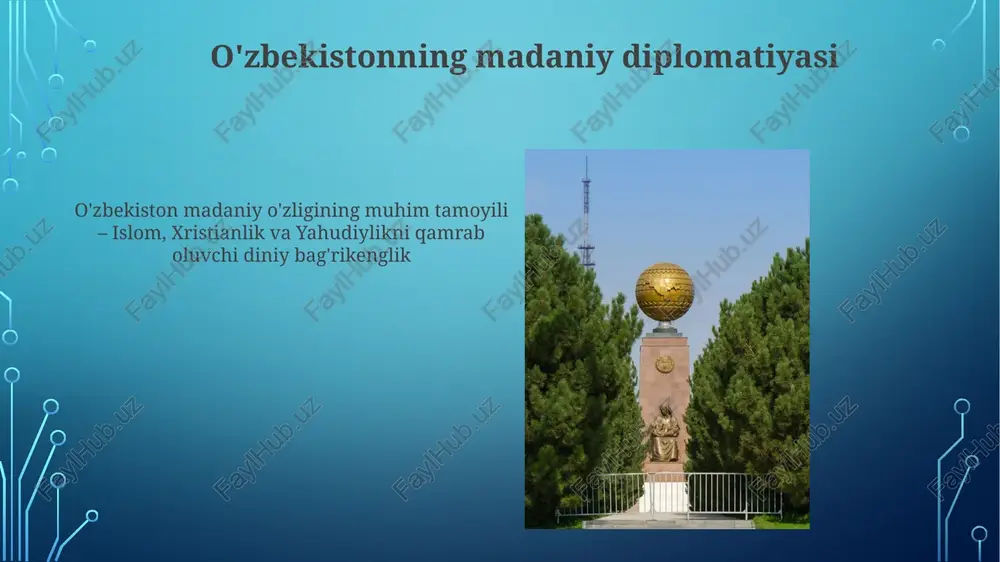 yati va uning saqlanishi dinlararo bag'rikenglik va muloqot o'zbekistondagi diniy va madaniy markazlar (islom madrasalari, pravoslav cherkovlari, sinagogalar)ning rivojlanishi hamda diniy ta'lim va madaniy ongni ta'kidlovchi ta'lim dasturlari o'zbekistonning diniy ko'p qirrali yo'lidan dalolat beradi din rahbarlari (islom olimlari, nasroni ruhoniylari, yahudiy roviylari) ishtirokidagi muhim dinlararo muloqot tashabbuslari, ayniqsa, o'zaro tushunishni rivojlantirish va diniy ekstremizmga qarshi kurashga qaratilgan hukumat tomonidan qo'llab-quvvatlanadigan dasturlar doirasida kuzatildi davlatning madaniy rivojlanishdagi roli davlat nazorati ommaviy axborot vositalari va diniy muassasalarga ta'sir o'tkazib, madaniy voqealar va ma'naviy amaliyotlar tasviriga ta'sir qiladi. hukumatning madaniy turizmga (masalan, ipak yo'li obidalariga) investitsiyasi iqtisodiyotni rivojlantirish bilan birga, aniq milliy imidjni shakllantirishga qaratilgan o'zbekiston hukumati madaniyat siyosati, madaniyat vazirligi orqali milliy g'oya targ'ibotini, xususan, sufizm an'analari, klassik san'at (musiqa, raqs, adabiyot) va o'zbek tilini saqlashga qaratgan islom muassasalari va ta'lim islom san'ati, me'morchiligi (tarixiy masjidlar, madrasalarni ta'mirlash) va an'anaviy hunarmandchilik (masalan, gilam to'qish, xattotlik) milliy g'urur bilan birga islom qadriyatlarini …