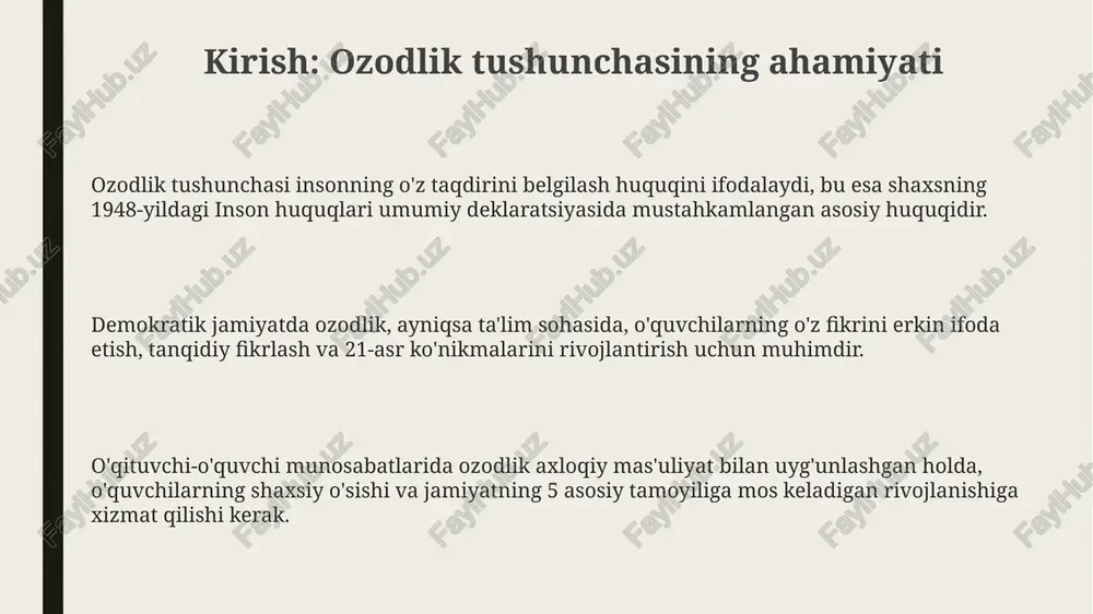nda, ularning harakatlari butun jamiyatga ta'sir qilishi mumkinligini anglashni talab qiladi. bunga hurmat kiradi. akademik erkinlik o'qituvchilarga 50% erkinlik beradi, ammo ularning mas'uliyati bilimlarni yetkazish, baholashda adolatli bo'lish va talabalar farovonligini himoya qilishni o'z ichiga oladi. axloqiy mas'uliyat va akademik erkinlik o'rtasidagi muvozanat, o'zbekiston ta'lim tizimida 75% ahamiyatga ega bo'lib, halollik, adolat va hurmat tamoyillariga asoslanadi. so'z erkinligi va o'quv jarayonidagi ifoda erkinligi akademik erkinlik o'qituvchilarga dars jarayonida turli xil qarashlarni 2024-yilgi o'quv dasturiga mos ravishda ifoda etishga ruxsat beradi, bu esa tanqidiy fikrlashni rivojlantiradi. so'z erkinligi o'quvchilarga 1997-yildagi ta'lim to'g'risidagi qonunga muvofiq mustaqil fikr bildirish imkonini beradi, lekin bu erkinlik axloqiy me'yorlar bilan chegaralanishi shart. ifoda erkinligi 2016-yilgi konstitutsiyaga zid bo'lmasligi kerak; darsda nafrat nutqi yoki diskriminatsiyaga yo'l qo'yilmaydi, buning uchun javobgarlik mavjud. chet el tajribasi: ozodlikni qo'llab-quvvatlovchi ta'lim tizimlari finlandiya ta'lim tizimi o'quvchilarga 7 yoshdan boshlab ta'lim olishni taklif qiladi, bunda o'quvchilarning tanlash erkinligi va o'z-o'zini boshqarish qobiliyatlarini …