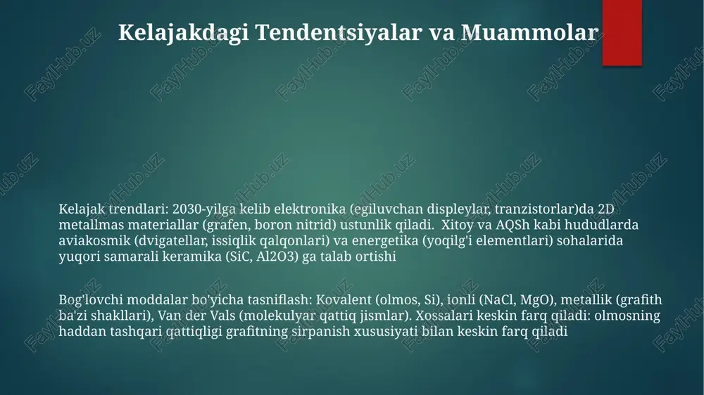 lar): bog'lovchi moddalar (qatronlar, epoksi, poliesterlar) mustahkamlovchi materiallarni (tolaklar, zarrachalar) birlashtiradi; yuqori mustahkamlik/og'irlik nisbati, moslashtirilgan xususiyatlar; qo'llanilishi: aviakosm (uglerod tolali kompozitlar), avtomobilsozlik (shisha tolali), qurilish (kompozit nurlar) metallmas va metallmas materiallar xossalari (intermetallar) keramika (masalan, alyuminiy oksidi, al₂o₃, erish harorati 2072°c; kremniy karbidi, sic), polimerlar (masalan, polietilen, ptfe – politetraflyuoretilen, erish harorati 100-300°c) va shisha (masalan, kremniy shisha, sio₂, yumshatish harorati taxminan 1700°c) asosiy nometall sinflarini ifodalaydi intermetallidlar (masalan, nial, tial), metall bog'lanishga ega bo'lib, yuqori mustahkamlikka (tial uchun 1000°c da 1000 mpa gacha) va tarkibiy metallardan yuqori erish nuqtalariga (masalan, nial uchun 1900 k) ega, aviakosmik (yuqori temperaturadagi qismlar) va avtomobilsozlik (yuqori samarali qismlar) sohalarida qo'llaniladi. no metall bo'lmagan materiallar, bog'lovchi moddalarga ko'ra tasniflangan (ionli: nacl, kovalent: olmos, van der vaals: grafit, vodorodli: muz), turli xususiyatlarni namoyish etadi material xossalariga asoslangan dasturlar keramika (masalan, alyuminiy oksidi, tsirkoniy, kremniy karbidi) ion/kovalent bog'lanishlarga ega bo'lib, yuqori qattiqlikka (mohs qattiligi > 7), …