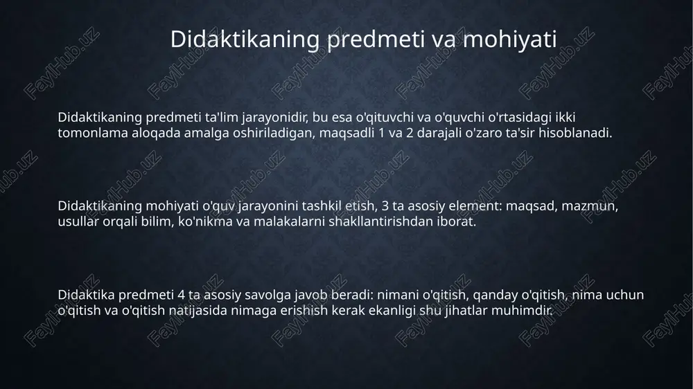 uchaytirish orqali, zamonaviy didaktika har bir o'quvchining ehtiyojlarini qondirishga harakat qiladi, jumladan, adaptiv texnologiyalarni va 360 gradusli o'quv muhitini yaratishni qo'llab-quvvatlaydi. raqamli texnologiyalar bilan integratsiya zamonaviy didaktikaning muhim tendensiyasidir, masalan, sun'iy intellektga asoslangan o'quv dasturlari va virtual 3d-simulyatsiyalardan foydalanish orqali o'qitish sifati oshirilmoqda. e'tiboringiz uchun rahmat image2.png