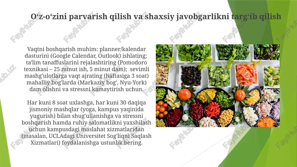 ini 20-30% ga kamaytirib, uyqu sifatini (7-8 soat) va oʻqish natijalarini (gpa 0,5 ballga oshishi) yaxshilaydi. meditatsiya, yoga (20 daqiqalik mashgʻulotlar) va tana skanerlash mashqlari qoʻllaniladi. sog'lom munosabat usullari kaliforniya universitet talabalarida stress va xavotirni kamaytirishda, meditasiya (kuniga 20 minut), yoga (haftada 3 mashg'ulot) va tana tekshiruvi mashqlari o'z ichiga olgan 8 haftalik mbsr (mindfulness-based stress reduction) texnikalari samarali bo'lib, o'rtacha 0 maqsad qo'yish va o'z-o'zini rag'batlantirish o'z-o'zini rag'batlantirish usullari: ichki motivatsiyani rivojlantirish (masalan, o'qishni shaxsiy qiziqishlarga bog'lash). musbat o'z-o'zini gapirish (ucla tadqiqotlariga ko'ra tasdiqlar o'z-o'zini samaradorligini 10-15% ga oshiradi) maqsad qo'yish: smart maqsadlar (aniq, o'lchanuvchan, erishuvchan, tegishli, vaqt bilan chegaralangan) o'qish natijalarini yaxshilaydi (kaliforniya universiteti, berklidagi tadqiqotga ko'ra gpa 6 oyda 15% ga oshgan) va stressni kamaytiradi (stenford universiteti tadqiqotiga ko'ra kortizol darajasi 20% ga kamaygan) aqliy salomatlik va hushyorlik kaliforniya universiteti (san-diego) tadqiqotlariga ko'ra, 8 haftalik dasturga (kuniga 20 daqiqalik meditatsiya, tana skanerlash mashqlari va yoga) ega mindfulness-based …