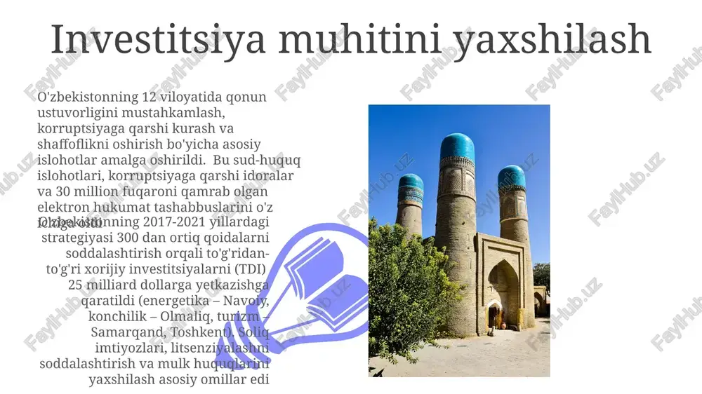 tilgan edi hududiy rivojlanishni mustahkamlash o'zbekistonning 2017-2021 yillardagi harakatlar strategiyasi barcha 12 hudud (masalan, toshkent, samarqand, buxoro)ning muvozanatli rivojlanishiga qaratilgan mintaqaviy taraqqiyotni ustuvor vazifa qilib qo'ydi har bir hududda yaim o'sish sur'ati, bandlik darajasi, qashshoqlikni kamaytirish ko'rsatkichlari va infratuzilmaga kirish imkoniyatlarining yaxshilanishi kuzatildi davlatlilikni mustahkamlash va demokratik islohotlarni chuqurlashtirish o'zbekistonning 2017-2021 yillardagi harakatlar strategiyasi davlatni mustahkamlashga, sud islohotlari, korrupsiyaga qarshi kurash va qonun ustuvorligini 12 viloyatda kuchaytirishga qaratilgan bo'lib, 34 milliondan ortiq fuqaroga ta'sir ko'rsatdi konstitutsiyaga o'zgartishlar (2017, 2019), fuqarolarning huquq va erkinliklarini kengaytirish, saylov qonunlarini isloh qilish orqali siyosiy pluralizmni rivojlantirish va ommaviy axborot vositalarining ko'p qirrali bo'lishini qo'llab-quvvatlash strategiyadagi asosiy tashabbuslar edi ekologiyani himoya qilish infrastruktura rivojlantirish strategiya aloqani va muhim xizmatlarga kirishni yaxshilash orqali iqtisodiy o'sishni rag'batlantirishga qaratilgan edi. suv xo'jaligi infratuzilmasida, ayniqsa, qoraqalpog'iston kabi qurg'oqchil hududlarda 300 dan ortiq suv tejaydigan texnologiyalarni joriy etish va sug'orish tizimlarini modernizatsiya qilish orqali sezilarli yutuqlarga erishildi farg'ona vodiysidagi aeroportlarni …