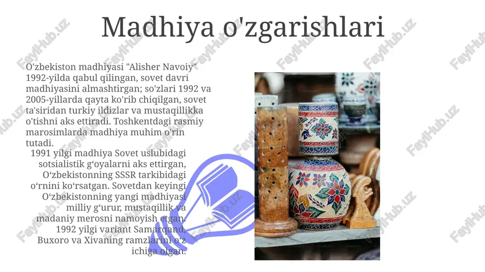 toshkentdagi mustaqillik e'loni muhim rol o'ynadi. an'anaviy naqshlarning qo'llanilishi o'zbekistonning davlat ramzlari, 12 ta viloyatni anglatuvchi bayroqdagi 12 yulduz va islomni ifodalovchi oy yarm oy, temuriylar, buxoro va xiva xonliklari, rossiya imperiyasi davrlarini o'z ichiga olgan boy tarixni aks ettiradi. "durmān" davlat madhiyasi 1991-yildan keyingi suverenitet va mustaqillikni ta'kidlaydi. o'zbekistonning davlat gerbi quyosh, humo qushi va paxta shoxchalari (ayniqsa, farg'ona vodiysidagi qishloq xo'jaligining ahamiyatini aks ettiradi) tasvirlangan bo'lib, o'zbekistonning boy tarixi, madaniyati, tabiiy boyliklari va markaziy osiyodagi geografik joylashuvini, ipak yo'lining qadimgi ildizlari bilan birga ifodalaydi. davlat gerbi tarixi o'zbekiston davlat gerbi (1992), quyosh, tog'lar, paxta va hummingbird tasvirlangan bo'lib, tabiat, farovonlik va mustaqillikni, samarqand, buxoro, xiva kabi tarixiy markazlarni ifodalaydi. 12 ta mintaqani anglatuvchi 12 yulduz, bilimni ifodalovchi kitob va o'zbekistonning xilma-xil geografik hududlaridagi birlik va milliy o'zlikni anglatuvchi o'zaro bog'langan novdalar muhim ramziy elementlar hisoblanadi. yollar ma'nosi o'zbekiston bayrog'ida 12 ta viloyat va suveren karakalpakiston respublikasini ifodalovchi 12 …