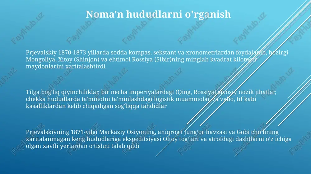 iddiy muammolarga duch keldi uning mintaqaning turli xalqlarini (moʻgʻullar, tibetliklar va uygʻurlarni oʻz ichiga olgan holda) diqqat bilan oʻtkazgan geografik tadqiqotlari va etnografik kuzatishlari taxminan 100 ta xarita va batafsil maʼlumotlar bilan yakunlandi yoshlik va ta'sirlar 1870-1873: prjevalskiyning mo'g'uliston bo'ylab birinchi yirik ekspeditsiyasi; o'simlik va hayvonot dunyosini batafsil hujjatlashtirdi; jumladan, prjevalskiy otini (equus ferus przewalskii) jung'or havzasida kashf etdi. ilgari xarita qilinmagan hududlarning batafsil xaritasini tuzdi keyingi ekspeditsiyalar (1876-1885): markaziy osiyoning o'rganilishini davom ettirdi; tibet, gobi cho'li, pomir tog'lariga qaratildi; ekstrem geografik qiyinchiliklar, siyosiy to'siqlar va logistik muammolarga duch keldi. geografik bilimlarga va tabiiy tarixga katta hissa qo'shdi 1844 yilda, polshada tugʻilgan; harbiy oilaning taʼsiri ostida dastlabki taʼlim olgan; tabiiy tarix bilan tanishishi ekspeditsiyalarga boʻlgan qiziqishini uygʻotgan. rossiyada (1860-yillar) harbiy xizmat sibir geografiyasi bilan tanishish imkoniyatini bergan. davrning ilmiy fikrlari, xususan zoologiya va geografiya taʼsirida boʻlgan. munosabatlar va raqobatlar prjevalskiyning tyanshan tog'lari va tarim havzasi (xinjiang) bo'ylabgi 4 ekspeditsiyasi (1870-1885) …