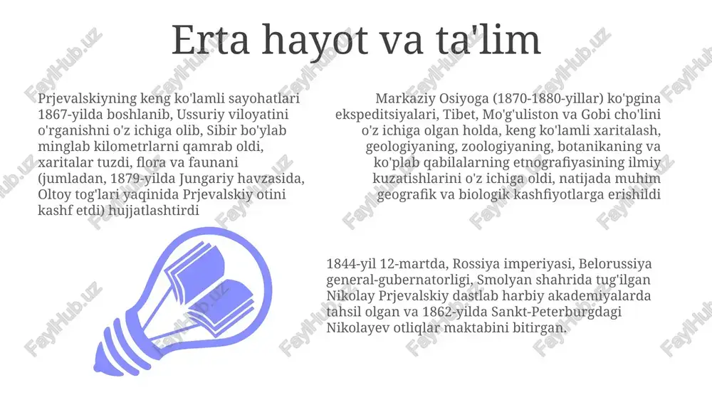va ko'chmanchi guruhlar etnografiyasiga qaratilgan edi. ko'chmanchi qabilalar bilan uchrashuvlar uning yozuvlari turli landshaftlardagi (baland tog'li yaylovlardan cho'l vohalarigacha) taxminan 3000 ko'chmanchi bilan bo'lgan munosabatlarni tasvirlaydi; ularning og'ir sharoitga moslashuvi, chorvachilikka (ot, tuya, yak) tayanishi va tarim havzasi hamda tyan-shanning shimoliy yon bag'irlari kabi hududlardagi o'ziga xos urf-odatlariga urg'u beradi. 19-asrda markaziy osiyoning keng hududlarida uchratilgan 10 ga yaqin ko'chmanchi qabilalar bilan o'zaro munosabatlarni o'z ichiga olgan holda, kiyim-kechak, turar joy (yurtlar), diniy amallar (buddizm, shamanizm) va boshqaruvdagi farqlarni batafsil kuzatish yozuvlari qimmatli etnografik ma'lumotlarni beradi. ilmiy kashfiyotlar va hissalar prjevalskiyning 1871-1873 yillardagi mo'g'uliston va tibet bo'ylab ekspeditsiyalari prjevalskiy otini (equus ferus przewalskii), gobekli tepe va bir qancha yangi qush va sudralib yuruvchilar turlarini o'z ichiga olgan muhim zoologik kashfiyotlarni berdi, bu markaziy osiyo bioxilma-xilligining taksonomik tushunchasiga ta'sir ko'rsatdi. 1870-80 yillarda gobi cho'li va kunlun tog'lari (xitoy) bo'ylab minglab kilometrlarni qamrab olgan noma'lum hududlarning aniq geografik tadqiqotlari kartografiya bilimlarini boyitdi …