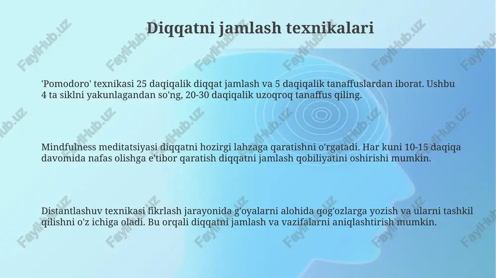 kognitiv xulq-atvor terapiyasi (cbt) yoki 8 haftalik stressni kamaytirish dasturi (mbsr) kabi mutaxassis maslahati samarali bo'lishi mumkin. nevrolog, psixolog yoki psixiatr diqqat va xotira muammolariga sabab bo'lishi mumkin bo'lgan tibbiy holatlarni aniqlash va 12 haftalik davolash rejasini tuzishda yordam beradi. e'tiboringiz uchun rahmat image1.png