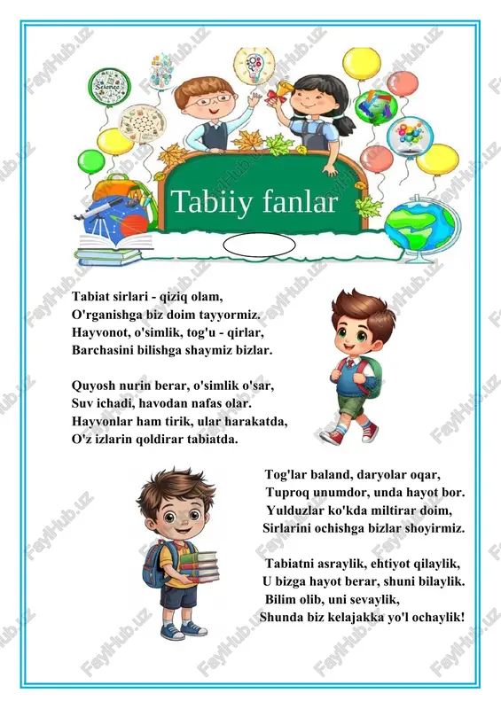 hda qizib ketmaslik uchun yordam beradi, degan fikrni ilgari surdilar va ular ham adashgan edilar. faqat yaqindagina yo‘l-yo‘l chiziqlar yirtqich pashshalar - so'nalarni chalg'itish va zebralarni bu hasharotlarning chaqishidan himoyalash uchun kerakligi aniqlandi. jonivorlarning o‘simliklardan asosiy farqlari hayvonlar mustaqil ravishda havo va suvdan oziq moddalarni hosil qila olmaydi. shuning uchun faqat oziq moddalarga boy o'simlik yoki hayvonlar bilan oziqlanadi. jonivorlar oziqlanish uchun harakatlanishi zarur. ba’zi jonivorlar, masalan, shilliqqurtlar juda sekin harakatlanadi. biroq yugurish bo'yicha haqiqiy rekordchilar ham bor. hayvonlar sezgi a’zolari borligi tufayli ko'rishi, eshitishi va hid sezishi mumkin. bu ovqat topishga va o‘rab turgan muhitda yashab ketishga yordam beradi. atrofda sodir bo'layotgan hamma narsaga tezda munosabat bildirish uchun hayvonlarda eng muhim a’zo - miya mavjud. aynan miya tanadagi barcha a’zolarning harakatini boshqarib turadi. hayvonlar turli xil signallar orqali bir-biri bilan muloqot qilishi yoki bir- birini xavfdan ogohlantirishi mumkin. o'simliklarning o'zaro muloqot qilishi yoki qilmasligi hozircha noma’lum. 2-topshiriq. —) “hayvonlar …