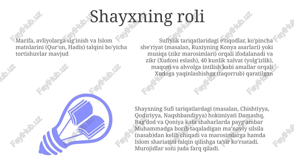 eb qaralishi mumkin taqvyd tushunchasidagi farqlar turli tariqatlarda ilohiy sifatlar, paygambarlik (masalan, muhammadning o'ziga xos mavqei) va xudoga qo'shilish yo'li (fana) haqidagi turlicha e'tiqodlarga olib keladi sufizmning markaziy g'oyasi bo'lgan tavhid, allohning mutlaq yagona ekanligini va shirkni (ko'p xudolug') rad etishni o'z ichiga oladi turli tariqatlardagi fikr farqlar sufi ustalariga nisbat beriladigan valoyat (avliyoolik) va karomat (m'ujizalar) tushunchalari haqida bahs-munozaralar mavjud xudoning mohiyati (tavhid) va jonning ilohiy bilan birlashish sari safariga (fana) oid turlicha e'tiqodlar ichki ziddiyatlarni keltirib chiqaradi anadolu, hindiston va markaziy osiyodagi qodiriyya, chishtiyya va naqshbandiyya tariqatlarida shariatning turlicha talqini marosimlar (zikr uslublari, avliyolarga hurmat), fiqh (nikoh, meros) va sufizmning sunniylik bilan munosabatiga oid qarashlarda farqlarga olib keladi. ushbu tariqatlarning tarafdorlari soni sezilarli darajada farq qiladi. oxirat va barzax haqidagi qarashlar qiyomatga ishonch markaziy o'rin tutadi; barzaxning tabiati shaxsning ruhiy sayohatini aks ettiradi. rumi va ibn arabij kabi asarlari orqali tasavvuf adabiyoti ramziy talqinlarni taklif qiladi, barzaxni tozalovchi …