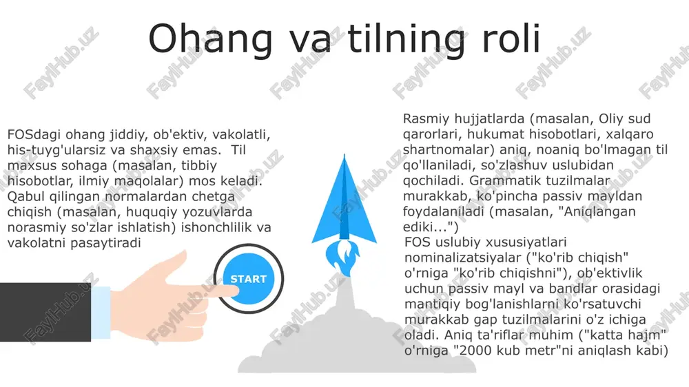 adi. aniqlik noaniqlikni kamaytiradi, ravshanlikni oshiradi va professional obro'ni ta'minlaydi. so'z tanlash (ma'no, majoziy ma'no) juda muhim. rasmiy ohang, qisqartmalarsiz yozilish, aniq terminlar (soha bo'yicha o'ziga xos lug'at) ishlatilishi. murakkab gap tuzilmalari (bir necha bo'lakli), passiv mayl va otlashgan fe'llar (fe'l yoki sifatlarning ot shakli) xarakterlidir rasmiy, davlat muloqotlarida qo'llaniladigan, ob'ektivlikka, so'zlashuv tili va sub'ektiv ifodalardan qochishga asoslangan uslub. tinim va mexanika start rasmiy uslub ob'ektivlikni ustuvor qiladi; so'zlashuv tili, qisqartmalar, slengini ishlatmaydi ("bo'lmaydi" o'rniga "bo'la olmaydi"). uchinchi shaxs hikoyasi ustunlik qiladi; passiv mayl ko'pincha ta'kidlash uchun qo'llaniladi. gap tuzilmasi aniqlikni aks ettiruvchi murakkab, qo'shma konstrukciyalarga moyil (masalan, qonun hujjatlari, hukumat hisobotlari). rasmiy hujjatlar (masalan, shartnomalar, farmonlar) diqqat bilan tayyorlanishni talab qiladi; aniq so'z tanlash, bir xil formatlash (masalan, shrift, maydonlar, oraliqlar) muhimdir tinish belgilar (nuqta, vergul, nuqta vergul, ikki nuqta, so'roq va undov belgilar) gap tuzilishini belgilaydi; rasmiy yozuvlarda (masalan, huquqiy hujjatlar, ilmiy maqolalar) to'g'ri qo'llanilishi aniqlik uchun muhim …
