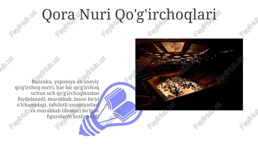 ulit, indoneziya, teri, yorug'lik manbai), qo'lqopli qo'g'irchoqlar (punch & judy tomoshalari, angliya, qo'lda boshqariladigan), mohir boshqarishni, turli o'lchamlarni (6"-36"), turli xil materiallarni (yog'och, mato, papye-mashe) talab qiladi. qo'g'irchoq teatri bunraku (yaponiya), soyangi, soyali qo'g'irchoq teatri (vayang kulit, indoneziya; xitoy soyali qo'g'irchoqlari) va qo'g'irchoq teatrlarining (masalan, angliyada punch va judy shoularida tarixan qo'lqop qo'g'irchoqlari ishlatilgan) xilma-xil teatr an'analarini noyob ijro uslublari bilan namoyish etadi qo'g'irchoq teatrining turlari: qo'lqop qo'g'irchoqlari, marionetkalar (ip bilan boshqariladigan, murakkab, germaniyaning nyurnberg shahridagi tarixiy qo'g'irchoq an'analarida uchraydi) va soya qo'g'irchoqlari (indoneziyaning vayang kulit, shaffof figuralardan foydalanadi) qo'g'irchoq teatri 01 02 qo'g'irchoqlar, yuqoridan iplar bilan bog'langan, uchinchisi muhim toifani tashkil qiladi. ularning harakatlari qo'g'irchoqboz tomonidan yuqoridan boshqariladigan iplar orqali nazorat qilinadi va qo'lqop yoki tayoq qo'g'irchoqlariga qaraganda murakkabroq manipulyatsiya qilish imkonini beradi qo'g'irchoq teatriga oid mashhur qo'lqopli qo'g'irchoqlar qo'g'irchoqbozning qo'li qo'lqopga kirib boshqariladi. bunraku (yaponiya) 3 kishilik boshqaruv bilan va wayang kulit (indoneziya) ekranlarga proyeksiyalanadigan soya qo'g'irchoqlari misol …