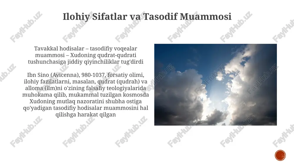 b shifokorlarga ta'sir ko'rsatdi avicennaning falsafasida bashorat tabiati ibn sino falsafasi tabiiy (aql va idrok orqali) va g'ayritabiiy (ilohiy vahy orqali) payg'ambarlikni farqlaydi, bu islom ilohiyotdagi inson aqlining chegaralari va iymonning rolini muhokama qiladi uning qarashlari 11-asr islom olamining keng tarqalgan talqinlariga, ayniqsa, falsafiy fikrlash bilan diniy ta'limotning mosligi masalasiga qarshi chiqdi va keyinchalik averroes kabi mutafakkirlarga ta'sir ko'rsatdi ibn sinoning xudoning mavjudligini isboti ibn sino (980-1037), buxoro, fors, aristotel metafizikasiga o'xshash sababiy zanjirlar, birinchi sabab, harakatsiz harakatlantiruvchi, zaruriyat, imkoniyat orqali xudoning mavjudligini isbotladi. uning neoplatonizm va aristotel falsafasidan ta'sirlangan teolojik asarlari aql va imonni uyg'unlashtirib, 11-asr islom oltin asrida islom falsafasiga ta'sir ko'rsatdi, "aql" tushunchasini kiritdi va falsafiy mantiq bilan birga imonning ahamiyatini ko'rsatdi. neoplatonizm va ibn sinoning ilohiy metafizikasi ibn sinoning metafizikasi imon va aql masalalarini ko'rib chiqib, falsafiy tushuncha va diniy e'tiqodning mosligini o'rganadi; uning zaruriy mavjudot (xudo) haqidagi tushunchasi keyinchalik islom skolastikasiga ta'sir ko'rsatib, bag'dod, qozon …
