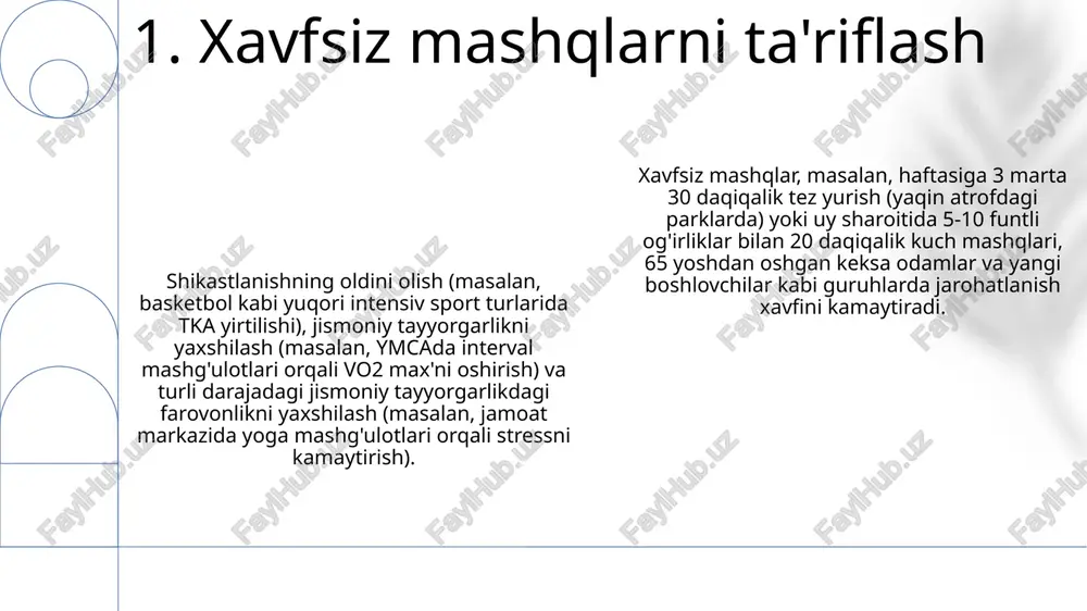 ingi yuqori intensivlikdagi mashg'ulotlar (masalan, 100 metrga yugurish yoki 200 funt og'irlik ko'tarish) paytida jarohat olish xavfini kamaytiradi. 8. isinishning ahamiyati xavfsiz mashqlar (masalan, o'rindiqqa o'tirish, lunges, (kerak bo'lsa tizzada) push-up, plank (30-60 sekund) va yurish (30 minut, haftada 3 marta)) asosli kuch va chidamlilikni rivojlantiradi, tizza, bel va yelka kabi joylardagi shikastlanish xavfini kamaytiradi (sport zallari, parklar yoki uyda) 9. boshqotib rivojlanish xavflarni aniqlash potentsial xatarlarni (masalan, 200 m² omborda sirpanish, taqalish, yiqilish) va zaif tomonlarni (masalan, yetarlicha yorug'likning yo'qligi, jihozlarning yomon holati) baholashni o'z ichiga oladi xavfsiz mashqlarning maqsadi – foydani maksimal darajada oshirish va jarohat xavfini minimallashtirish. bunga mashqlar oldidan tekshiruv (masalan, yuqori intensiv dastur boshlashdan oldin tibbiy ko'rik), jismoniy tayyorgarlik darajasiga moslashtirilgan individual mashqlar rejasi (boshlang'ich vs 10. xavflarni aniqlash sportchilarni jarohatlardan himoya qilish (masalan, skameykada press, prisedaniyalar) va 65% yangi boshlanuvchilarni ta'sir qiluvchi mushak cho'zilishi va bo'g'im chiqishlari kabi xavflarni kamaytirish uchun murabbiylar nazorati. 11. …