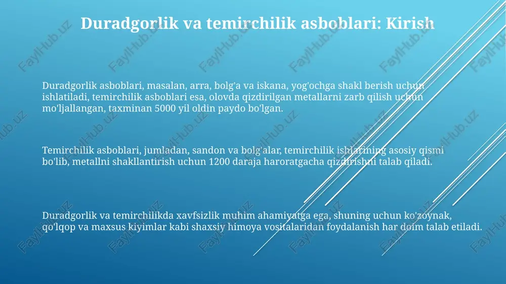 o'quv kurslarini tashkil etish, kelajakda esa virtual reallikda o'qitish imkoniyatlarini yaratishdir. xulosa duradgorlik va temirchilik asboblari 21-asrda texnologik rivojlanish bilan birga xavfsizlik standartlari va samaradorlikni oshirishga yo'naltirilgan yangi materiallar bilan takomillashdi. so'nggi 10 yillikda duradgorlik va temirchilik sohalarida 3d-chop etish va lazerli kesish kabi texnologiyalar ish jarayonlarini tezlashtirib, aniqlik darajasini oshirdi. kelajakda duradgorlik va temirchilik asboblarining rivojlanishi iot (buyumlar interneti) texnologiyalari bilan integratsiyalashuv orqali asbob holatini 90% aniqlikda nazorat qilish imkonini beradi. e'tiboringiz uchun rahmat