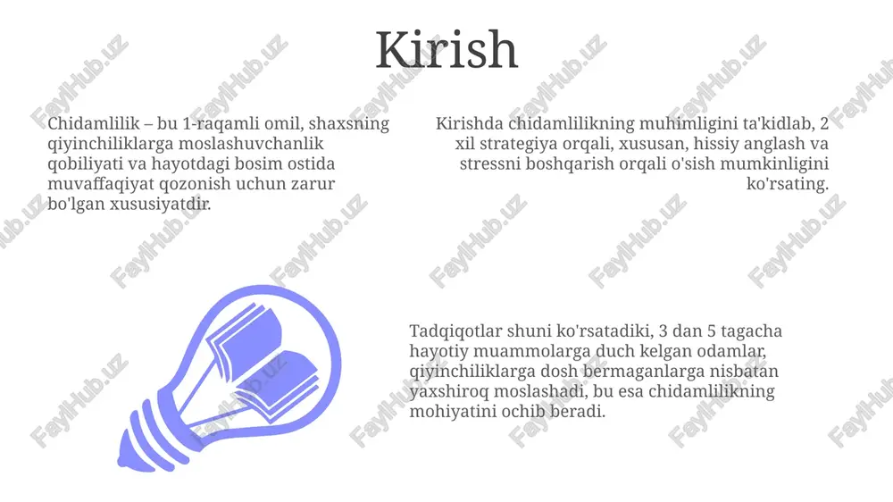 issiy barqarorlikni ta'minlaydi, fikrlash va his qilish imkonini beradi, bu esa chidamlilik uchun juda muhimdir. maqsadlarni belgilash va erishish maqsadlarga erishish uchun ularni kichik, boshqariladigan qadamlarga bo'lish lozim. har bir qadamga 7 kunlik muddat belgilash motivatsiyani saqlashga yordam beradi. aniq maqsadlar smart tamoyillari asosida (specific, measurable, achievable, relevant, time-bound) belgilanadi, bu esa muvaffaqiyatga erishish ehtimolini 50% ga oshiradi. maqsadlaringizga erishishda muntazam ravishda o'z yutuqlaringizni nishonlash va 10% ga yaxshilanishni maqsad qilish, uzoq muddatli motivatsiyani ta'minlaydi. o'zgarishlarga moslashish o'zgarishlarga moslashish, bu 21-asrda muhim qobiliyatdir, chunki texnologiyaning rivojlanishi tufayli 70% kasblar o'zgaradi. moslashuvchanlik professional muvaffaqiyat garovidir. moslashuvchanlikni rivojlantirish uchun '7/24' qoida asosida yangi ko'nikmalarni o'rganish, muammolarni hal qilish va kognitiv moslashuvchanlikni oshirish muhim. bu esa istiqbolli natijalarni beradi. o'zgarishlarga moslashish, '5+1' elementdan iborat bo'lgan, ya'ni stressni boshqarish, optimizm, o'z-o'zini anglash, muloqot, muammolarni yechish va motivatsiyani o'z ichiga oladi. bu shaxsning o'sishiga yordam beradi. xatolardan saboq olish xatolarni tahlil qilishda '5 nima uchun' …