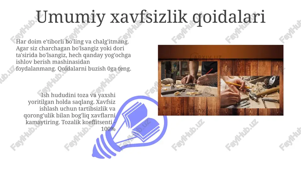 ri mahkamlanganligini tekshiring, himoya qopqog'i joyida bo'lishi kerak, maksimal rpm ko'rsatkichlariga e'tibor bering. drel va burg'ulash asboblari xavfsizligi burg'ulashdan oldin ish qismini mahkamlang; qo'l bilan ushlab turish xavfli. burchak ostida burg'ulashda asta-sekin harakat qiling, tezlikni kamaytiring va 10 soniyadan ko'proq qizmang, aks holda u tishlab olishi mumkin. har bir foydalanishdan oldin, burg'uning to'g'ri o'rnatilganligini va patronning mahkam tortilganligini tekshiring. bo'sh burg'u 1500 aylanish tezligida xavfli bo'lib, uchib ketishi mumkin. qo'l asboblari xavfsizligi har doim o'zingizdan uzoqlashgan holda kesing, asbobni barqaror ushlab turing. kesish uchun juda katta kuch ishlatmang, aks holda asbob sirg'alib ketib, jarohatlarga olib kelishi mumkin. zanglagan, singan yoki xiralashgan tutqichli qo'l asboblaridan foydalanmang. ularni almashtiring yoki ta'mirlang. o'tkir asboblar xavfsizroq, chunki ular bilan kamroq kuch talab etiladi. chang yig'ish va havo tozaligi 01 02 changni yig'ish tizimlari 99% dan ortiq chang zarralarini ushlab qolishi kerak, ayniqsa o'pka kasalliklariga olib kelishi mumkin bo'lgan 10 mikrometrdan kichik changlar. sales 1st …