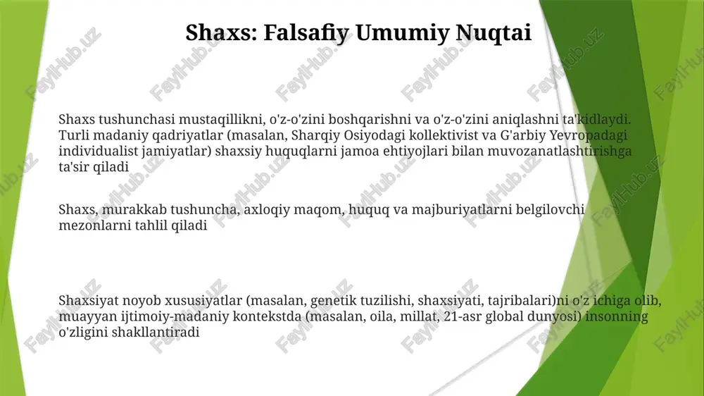 a tizimi shaxsiy huquqlarga ta'sir qiladi) shaxsiy javobgarlik axloqiy burchlarni (masalan, kantning qat'iy buyrug'i), qonuniy majburiyatlarni (masalan, soliq to'lash, buyuk britaniya, germaniya va boshqa davlatlar qonunlariga bo'ysunish) va ijtimoiy me'yorlarni (masalan, boshqalarning huquqlariga hurmat) o'z ichiga oladi shaxs tushunchasi turli madaniyat va davrlarda farq qiladi. qadimgi yunonistonda fuqarolik va polisda (shahar-davlat) ishtirok etish ta'kidlangan bo'lib, bu shaxsning huquq va majburiyatlariga ta'sir ko'rsatgan. o'rta asr yevropasidagi feodal tizim shaxsning erkinligini cheklab qo'ygan axloqiy shaxs shaxsiyatning kelajagi shaxsiyatga ta'sirlar shaxsiy tajribalar (nyu-yorkdagi bolalik travmasi, oksfordda ta'lim imkoniyatlari, quddusda diniy tarbiya) insonning o'z-o'zini anglashi, axloqiy rivojlanishi (kolberg bosqichlari) va shaxsiy shakllanishiga umr bo'yi ta'sir qiladi ijtimoiy-madaniy ta'sirlar (masalan, 20-asr amerika individualizmi, san-frantsiskodagi 60-yillardagi kontrmadaniyat harakatlari, qishloq hindistonidagi oila tuzilmalari) o'z-o'zini anglash va shaxsiy ifodalanishni sezilarli darajada shakllantiradi, turli geografik joylar va tarixiy davrlarda shaxsiyat tushunchalariga ta'sir qiladi yuridik shaxs shaxs tushunchasi: falsafiy qarashlar (masalan, lokkning oʻzlik tushunchasi, kantning axloqiy shaxsligi) onglilik, aql, oʻz-oʻzini …
