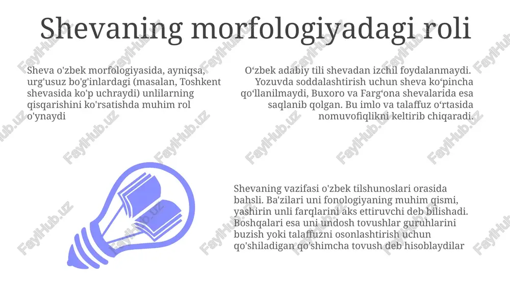 grammatika (masalan, feʼl shakllari, kelishik qoʻshimchalari)dagi farqlarni namoyon qildi. 20-asrda o'zbek adabiy tilining xujjatlashuvi, chag'atoy va rus tillarining ta'siri ostida, ko'plab sheva xususiyatlarining bostirilishiga olib keldi. bu farg'ona vodiysı, qashqadaryo va toshkent viloyatlarining eski matnlarida uchraydigan til xilmaxilligining kamayishiga sabab bo'ldi. standartlashtirilganiga qaramay, shevaning izlari zamonaviy oʻzbek adabiyoti va nutqida saqlanib qolgan boʻlib, talaffuz (masalan, /ʃ/ va /s/), morfologiya (masalan, koʻplik qoʻshimchalari) hamda lugʻat (masalan, "suv"ning sinonimlari)da nozik hududiy farqlarni koʻrsatadi. hozirgi o'zbek tili va sheva merosi shevaning merosi zamonaviy o'zbek imlosida sezilarli ta'sir ko'rsatgan. uning asarlari 1920-yillardagi til islohotlarida lug'at va grammatik tuzilmalarni tanlashda muhim rol o'ynab, oxir-oqibat 1940-yillardagi alifbo islohotlariga ta'sir ko'rsatgan shevaning she'r va nasr asarlari zamonaviy o'zbek adabiy me'yorlarini shakllantirishda muhim rol o'ynadi 1920-yillarda standartlashtirilgan zamonaviy o'zbek tili, asosan, xix asr farg'ona yozuvchisi muhammad sharif shevaning asarlarida namoyon bo'lgan chag'otay adabiy merosidan foydalangan shevaning fonologik ta'siri sheva qisqarishi, 3 lahjada (fargʻona, toshkent, samarqand) urgʻusuz boʻgʻinlardagi oʻzbek …
